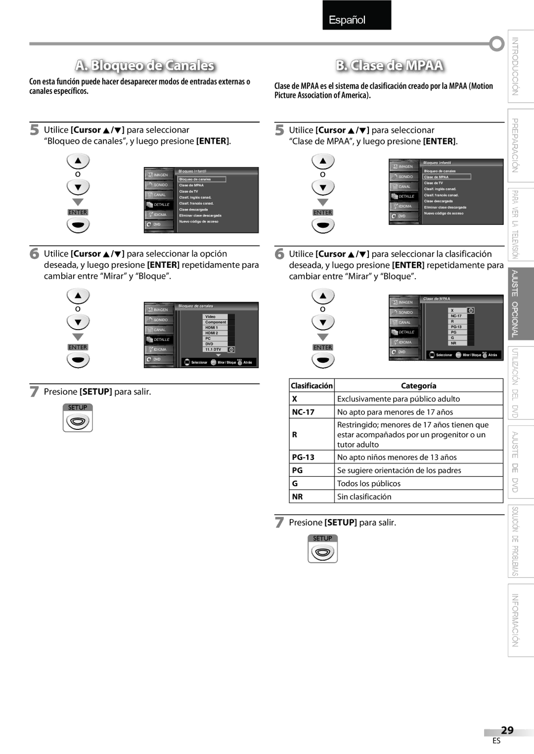 FUNAI LD195EMX Bloqueo de Canales, Clase de Mpaa, De canales l, De Mpaa, Seleccionar Enter Mirar / Bloque Atrás 