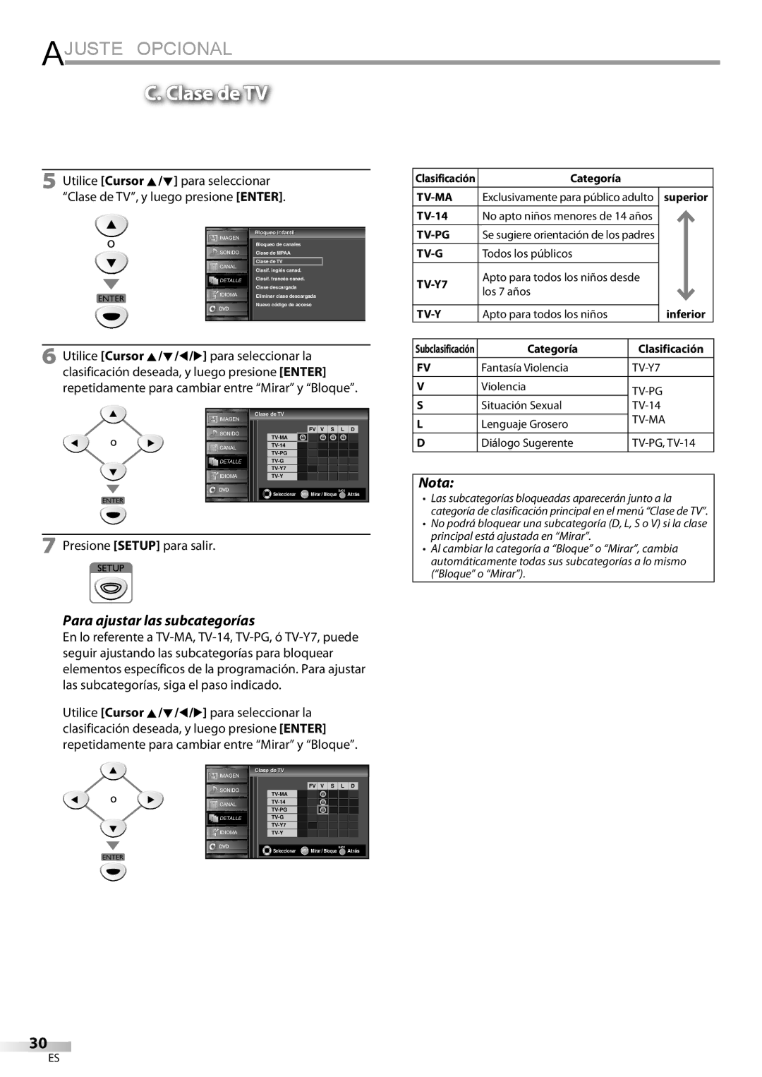 FUNAI LD195EMX owner manual Clase de TV, Para ajustar las subcategorías, DeTV 