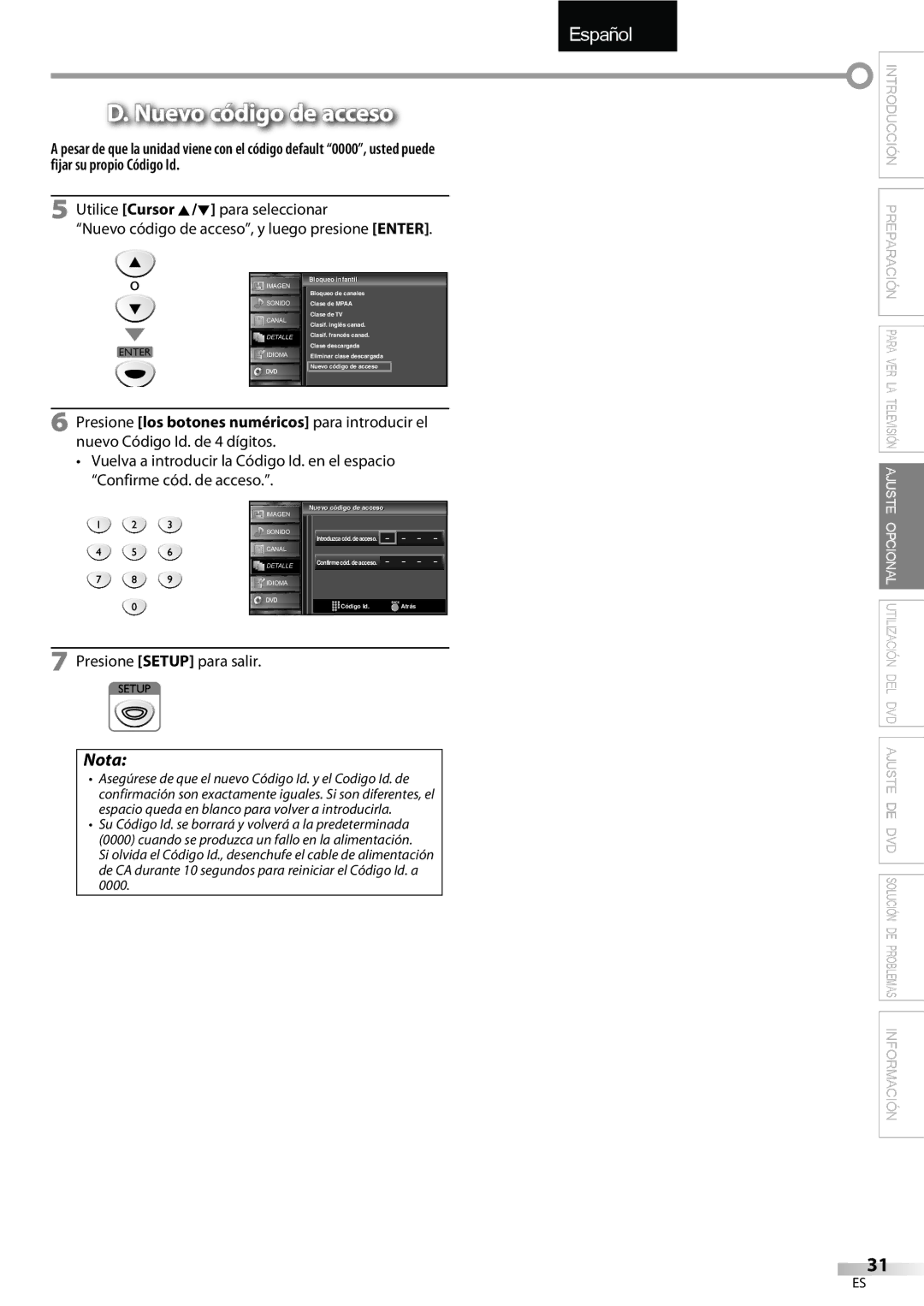 FUNAI LD195EMX owner manual Nuevo código de acceso 