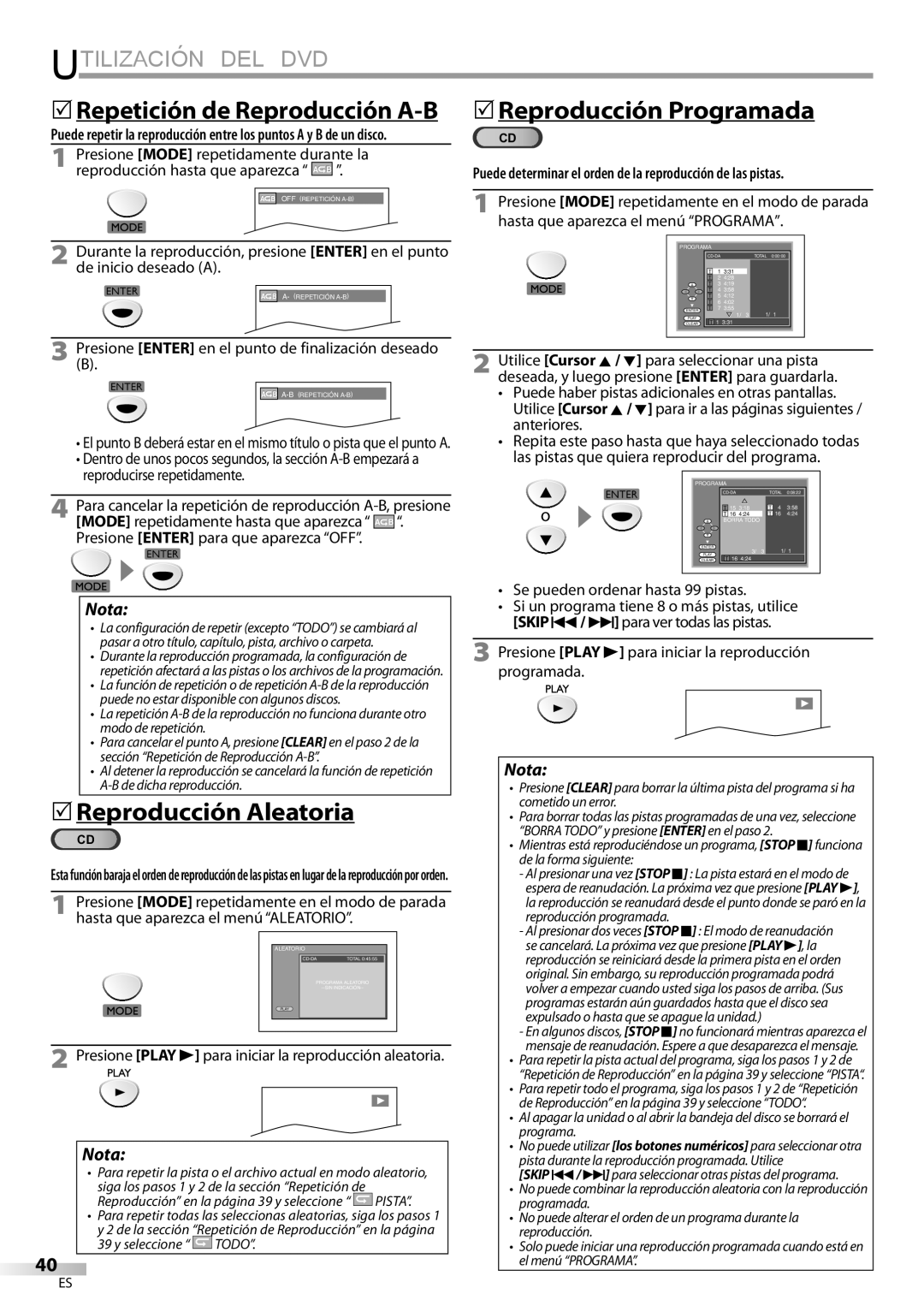 FUNAI LD195EMX owner manual 5Reproducción Programada, 5Reproducción Aleatoria, Se pueden ordenar hasta 99 pistas 