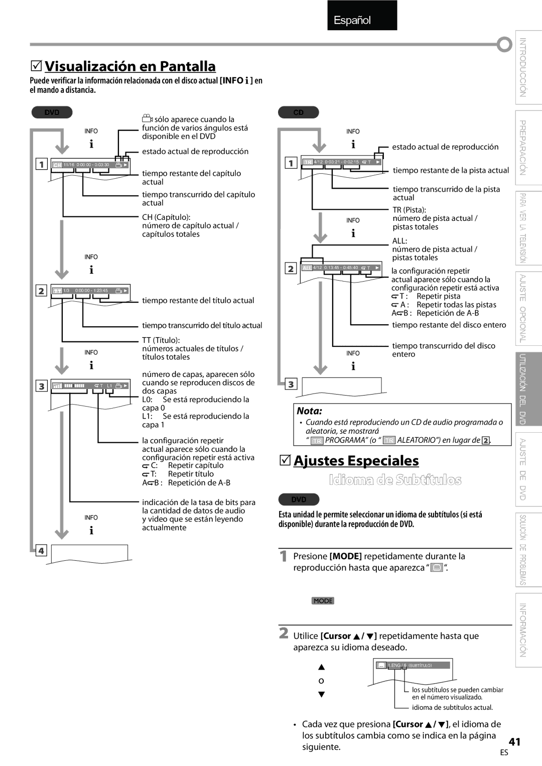 FUNAI LD195EMX owner manual 5Visualización en Pantalla, 5Ajustes Especiales, Idioma de Subtítulos, Siguiente 