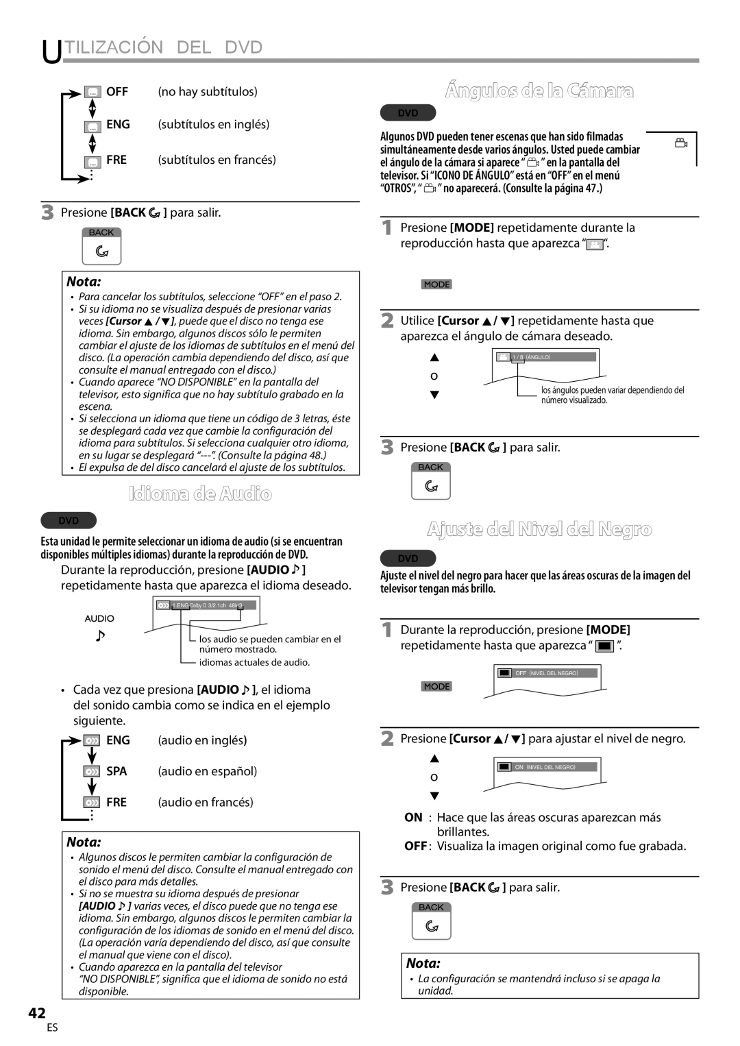 FUNAI LD195EMX owner manual Ángulos de la Cámara, Idioma de Audio, Ajuste del Nivel del Negro 