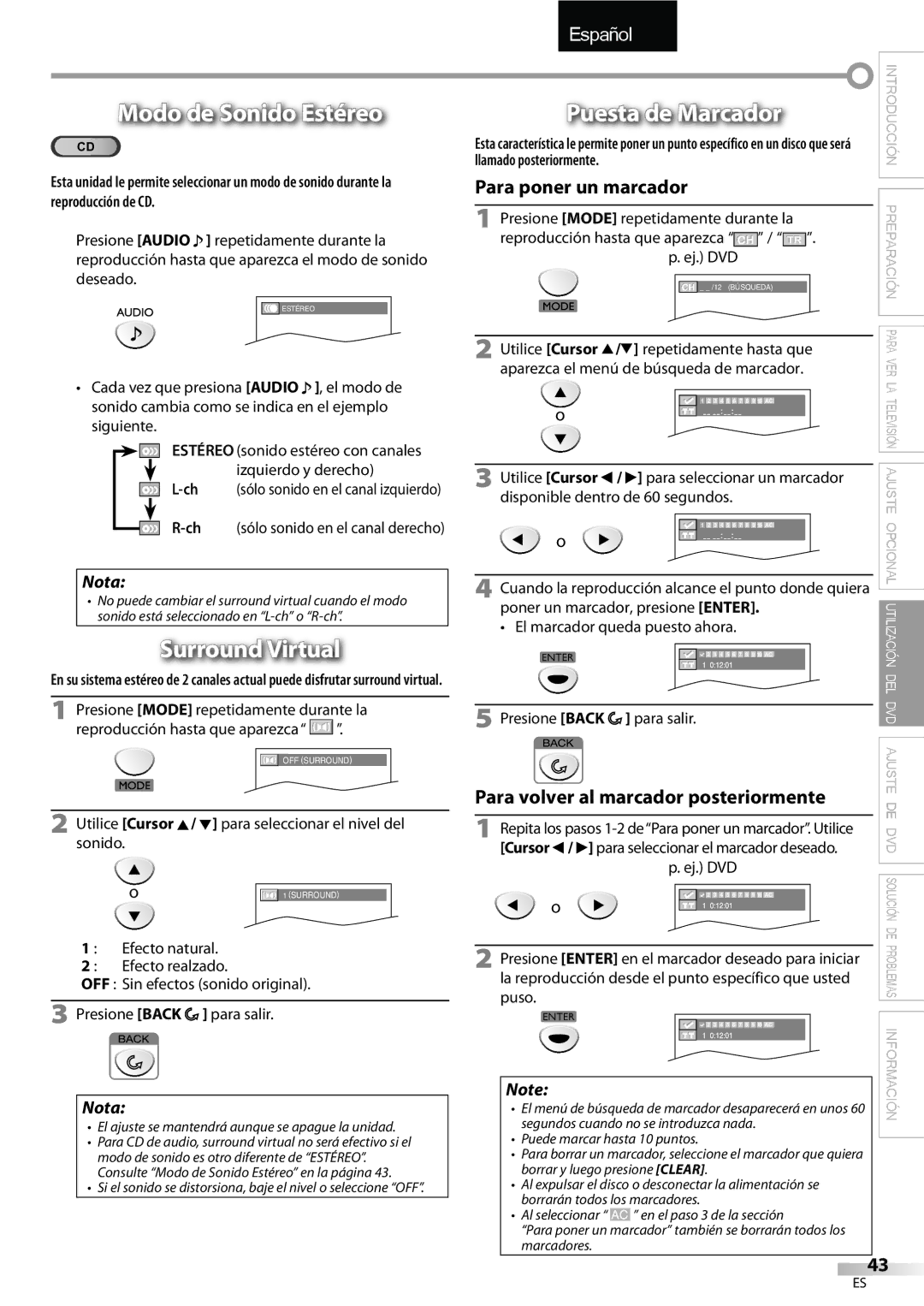 FUNAI LD195EMX owner manual Modo de Sonido Estéreo, Puesta de Marcador, Surround Virtual 