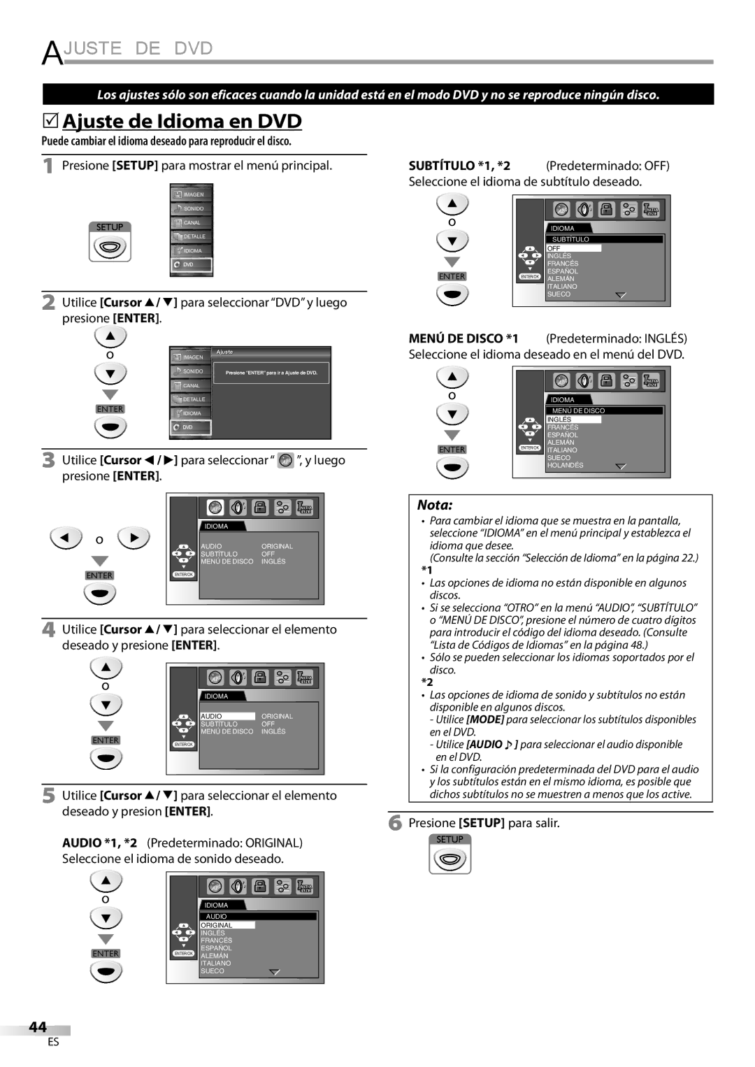 FUNAI LD195EMX Ajuste DE DVD, 5Ajuste de Idioma en DVD, Puede cambiar el idioma deseado para reproducir el disco 