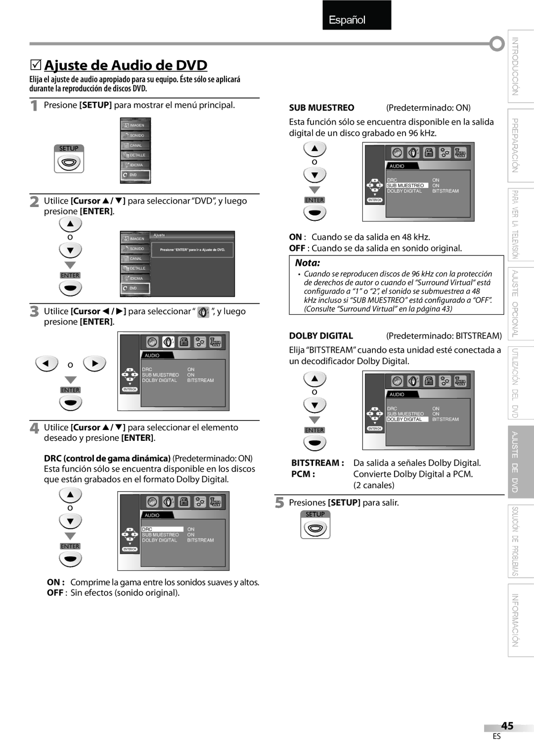 FUNAI LD195EMX owner manual 5Ajuste de Audio de DVD, SUB Muestreo 