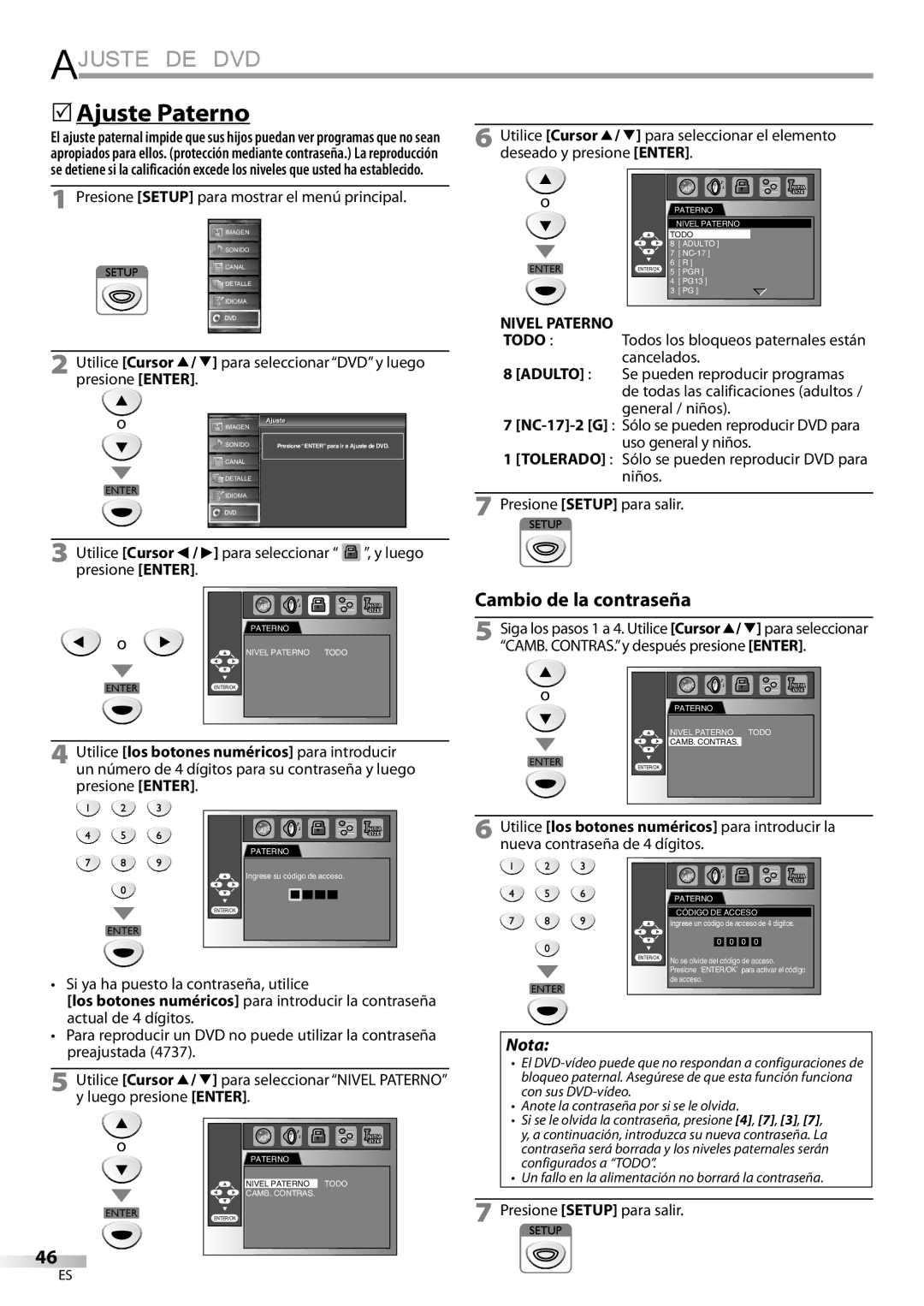 FUNAI LD195EMX owner manual 5Ajuste Paterno, Nivel Paterno, Si ya ha puesto la contraseña, utilice 