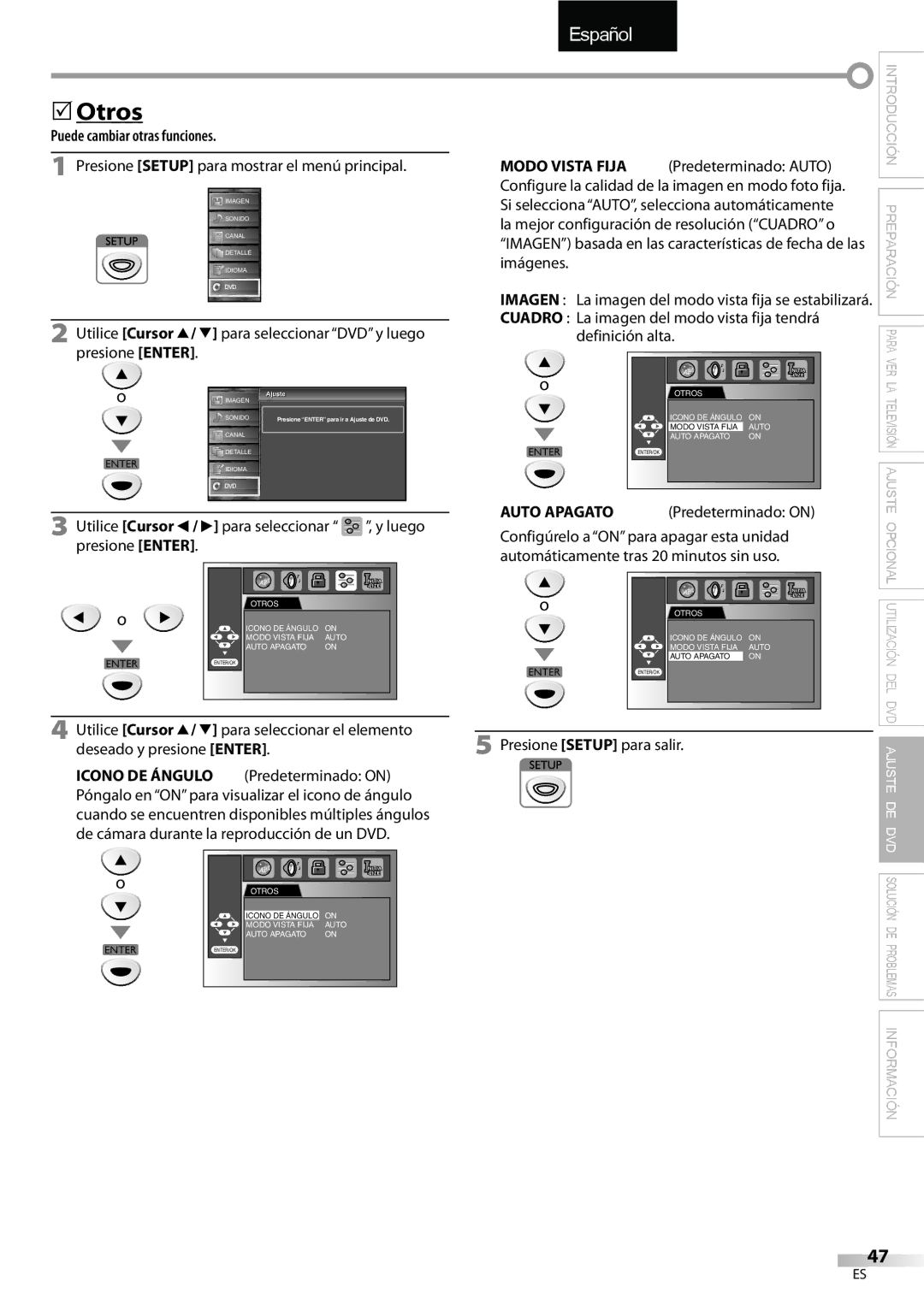 FUNAI LD195EMX Otros, Puede cambiar otras funciones, Cuadro La imagen del modo vista fija tendrá definición alta 