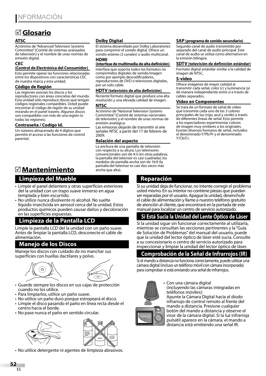 FUNAI LD195EMX owner manual Información, Glosario, Mantenimiento, Cec, Hdmi 