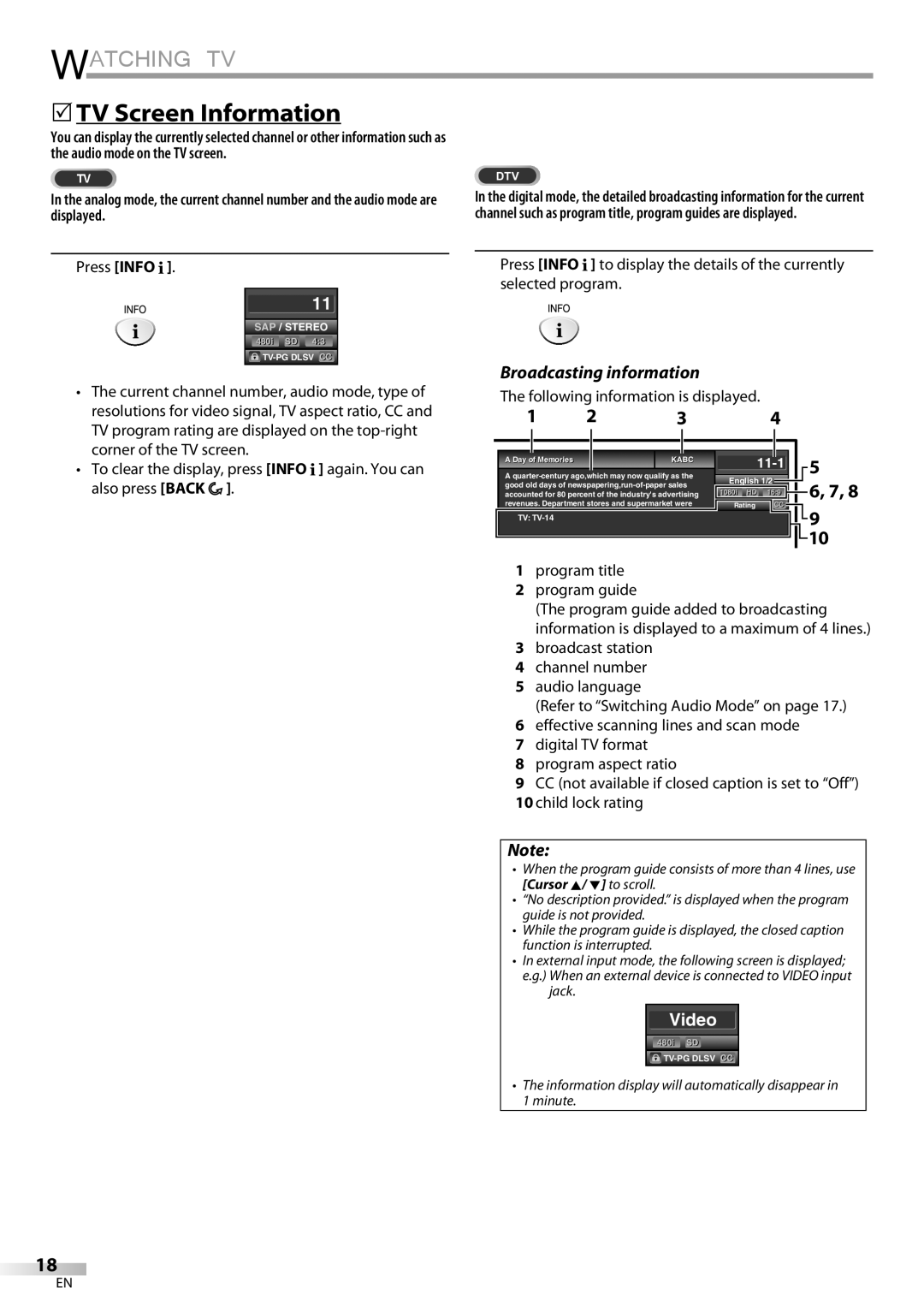 FUNAI LD195EMX 5TV Screen Information, Broadcasting information, Press Info, Following information is displayed 