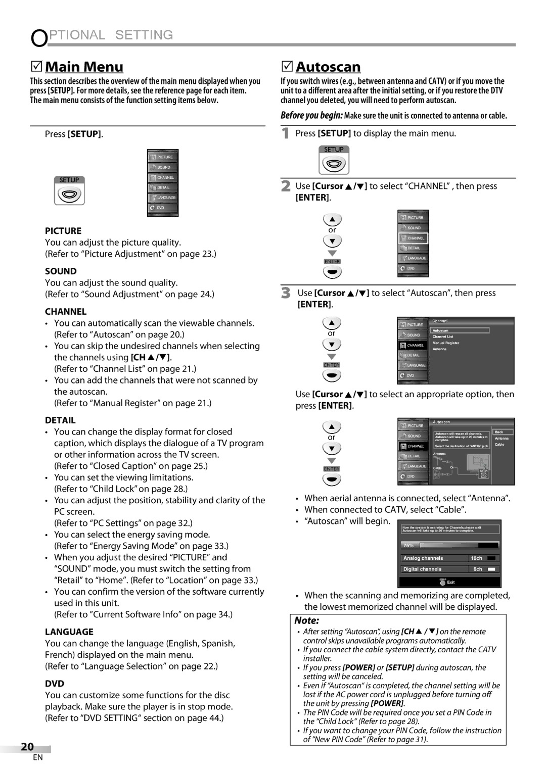 FUNAI LD195EMX owner manual Optional Setting, 5Main Menu, Autoscan 