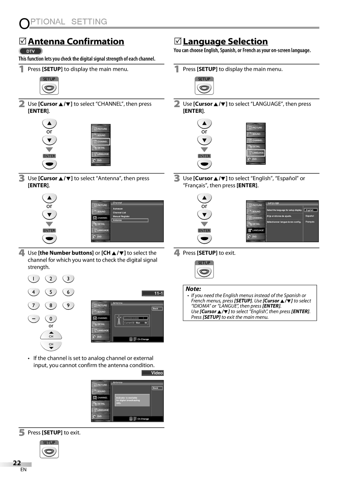 FUNAI LD195EMX owner manual 5Antenna Confirmation, 5Language Selection 