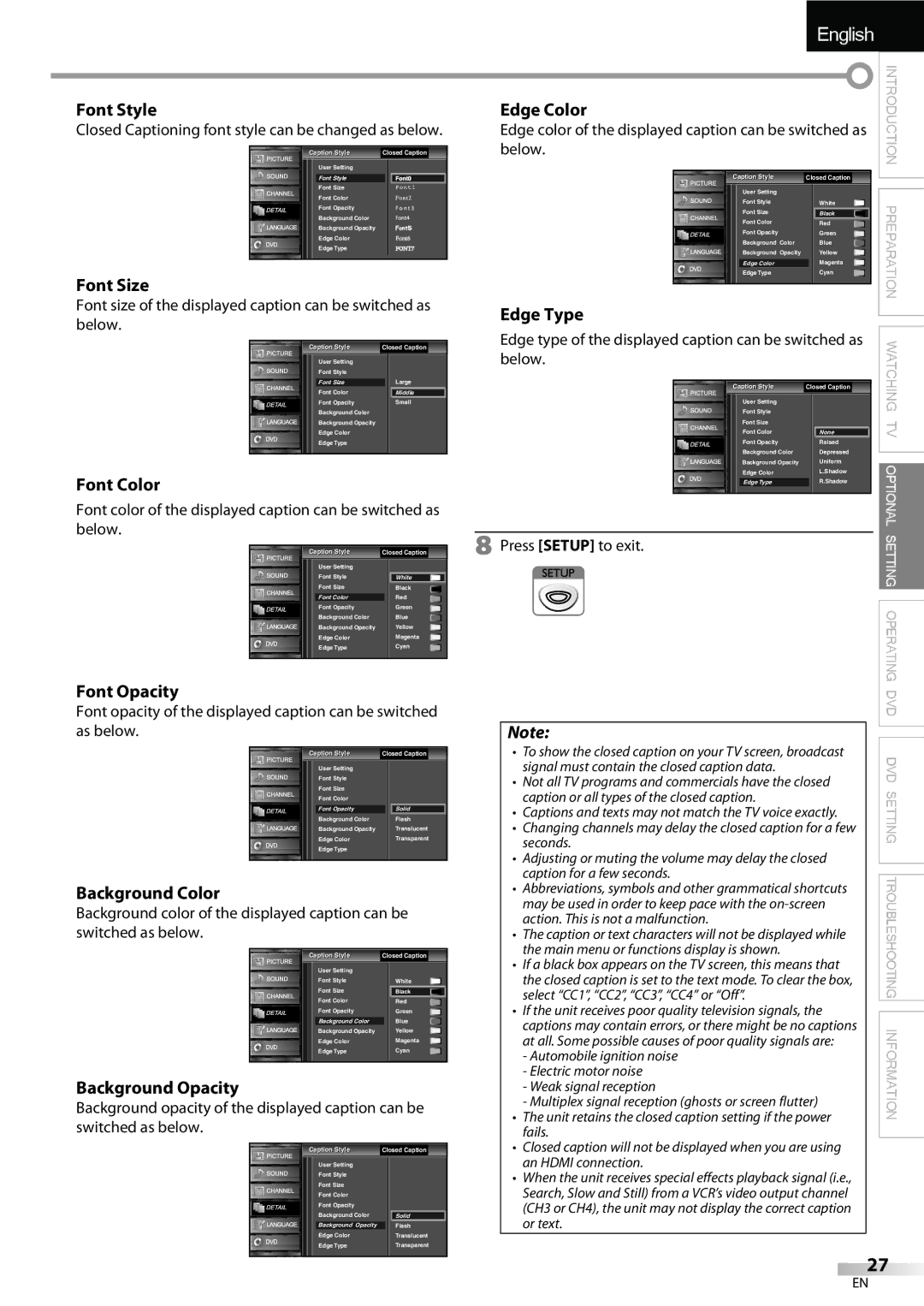 FUNAI LD195EMX Font Style, Font Size, Edge Type, Font Color, Font Opacity, Background Color, Background Opacity 