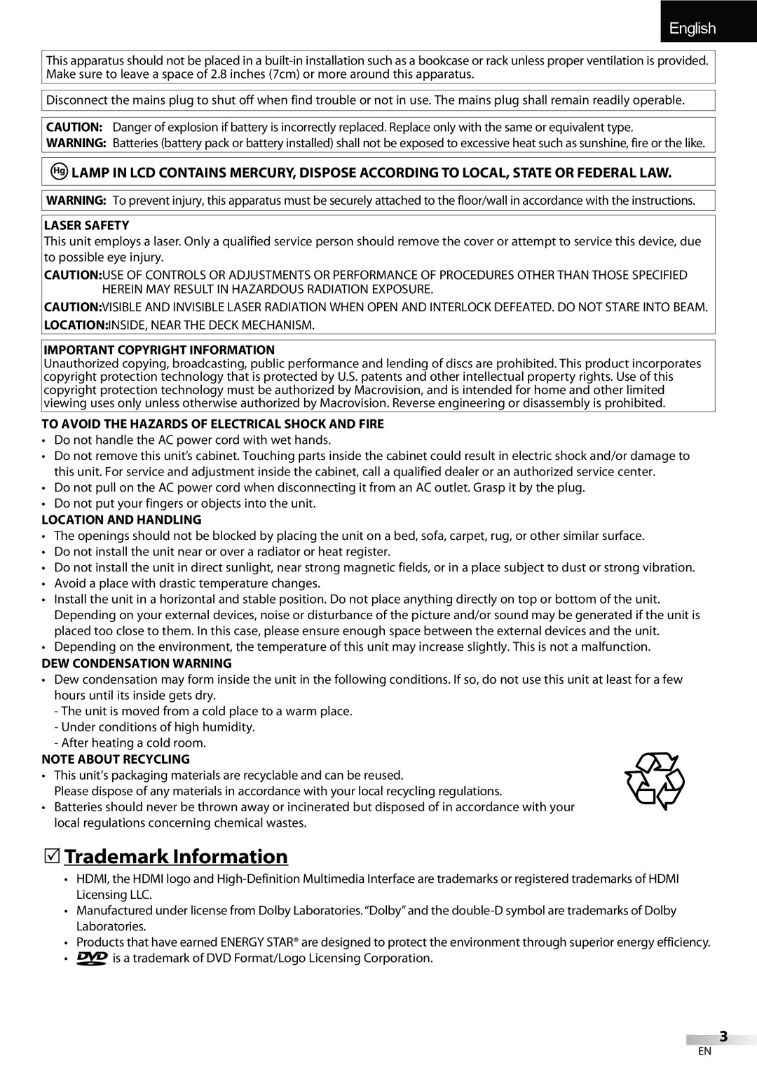 FUNAI LD195EMX owner manual 5Trademark Information 