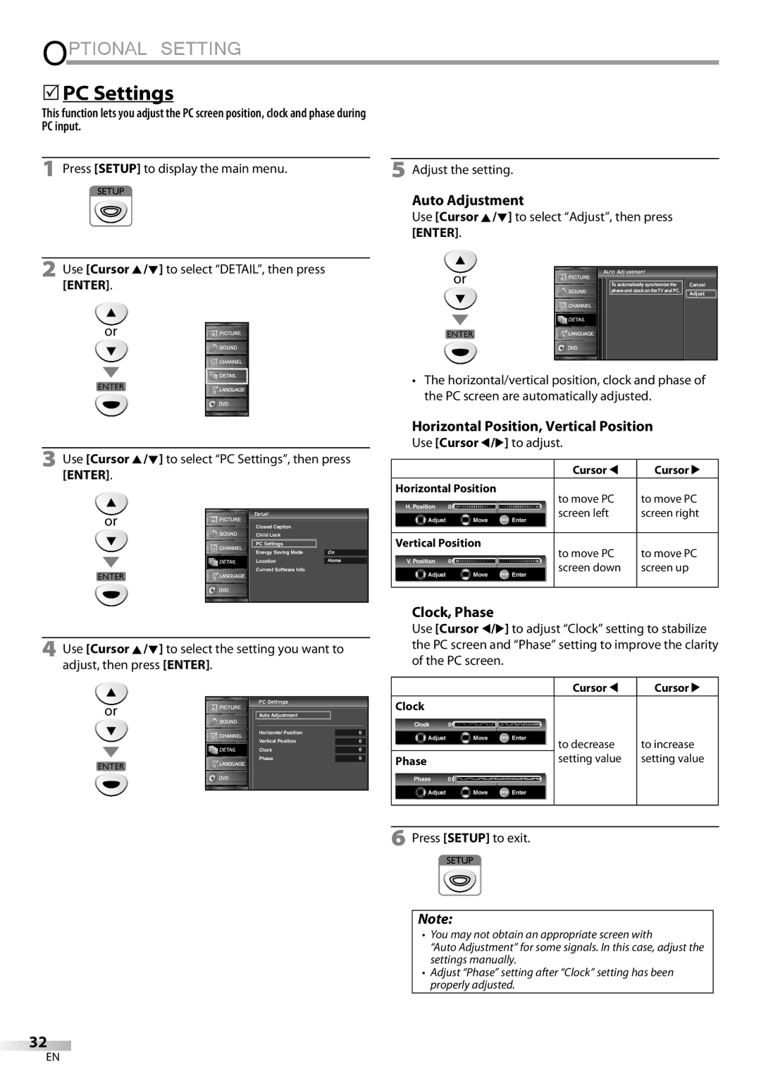 FUNAI LD195EMX owner manual 5PC Settings, Auto Adjustment, Horizontal Position, Vertical Position, Clock, Phase 