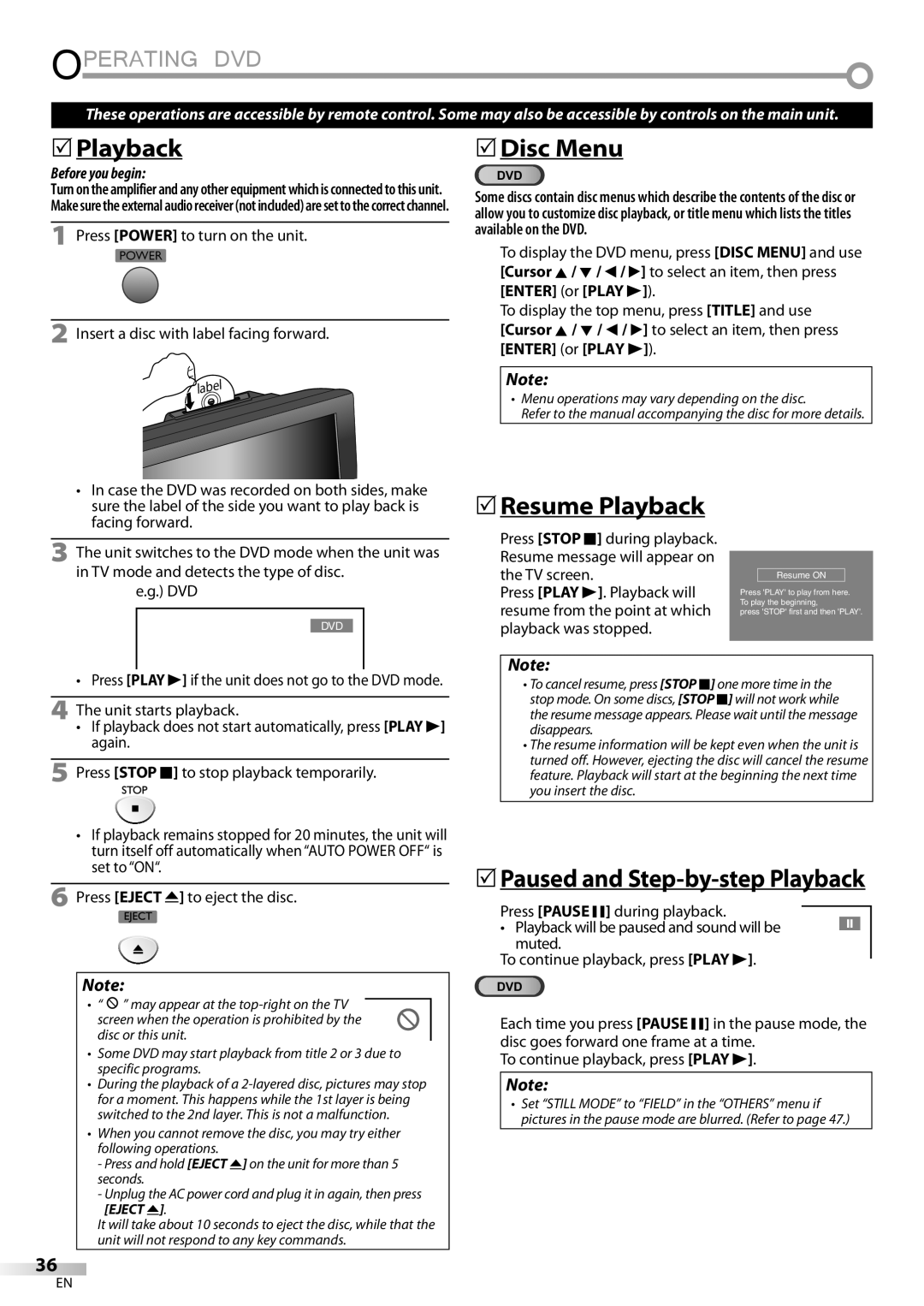 FUNAI LD195EMX owner manual 5Disc Menu, 5Resume Playback 