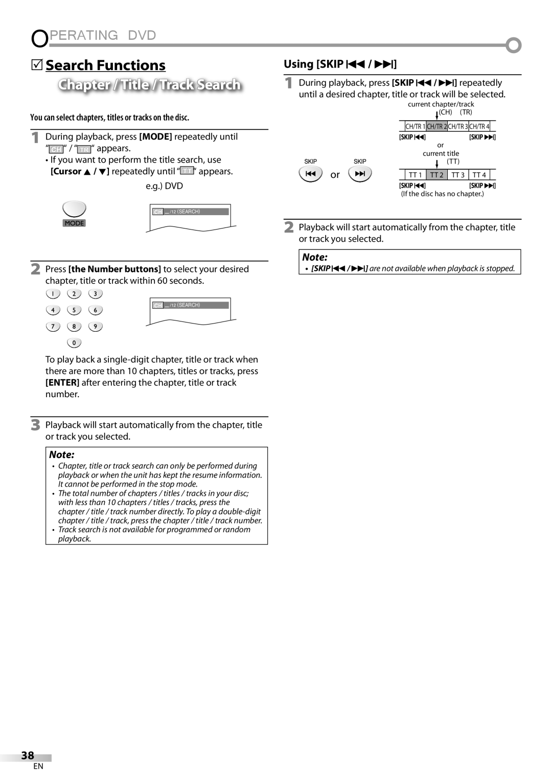 FUNAI LD195EMX 5Search Functions, Chapter / Title / Track Search, You can select chapters, titles or tracks on the disc 