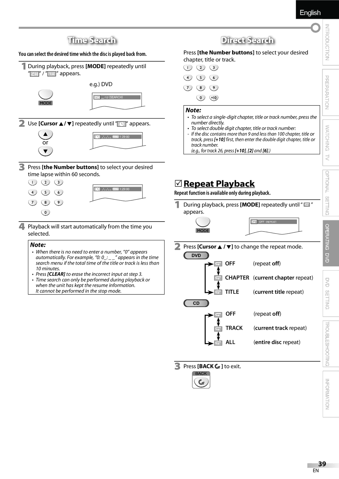 FUNAI LD195EMX owner manual Time Search, Direct Search, 5Repeat Playback 