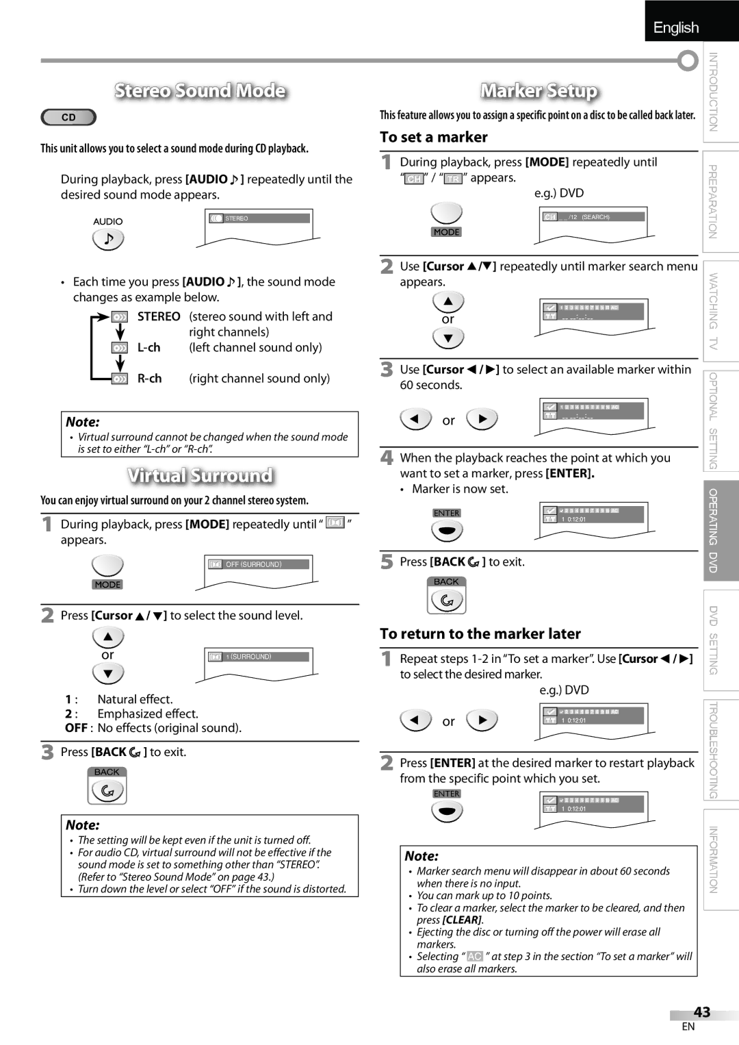 FUNAI LD195EMX owner manual Stereo Sound Mode, Virtual Surround, Marker Setup 