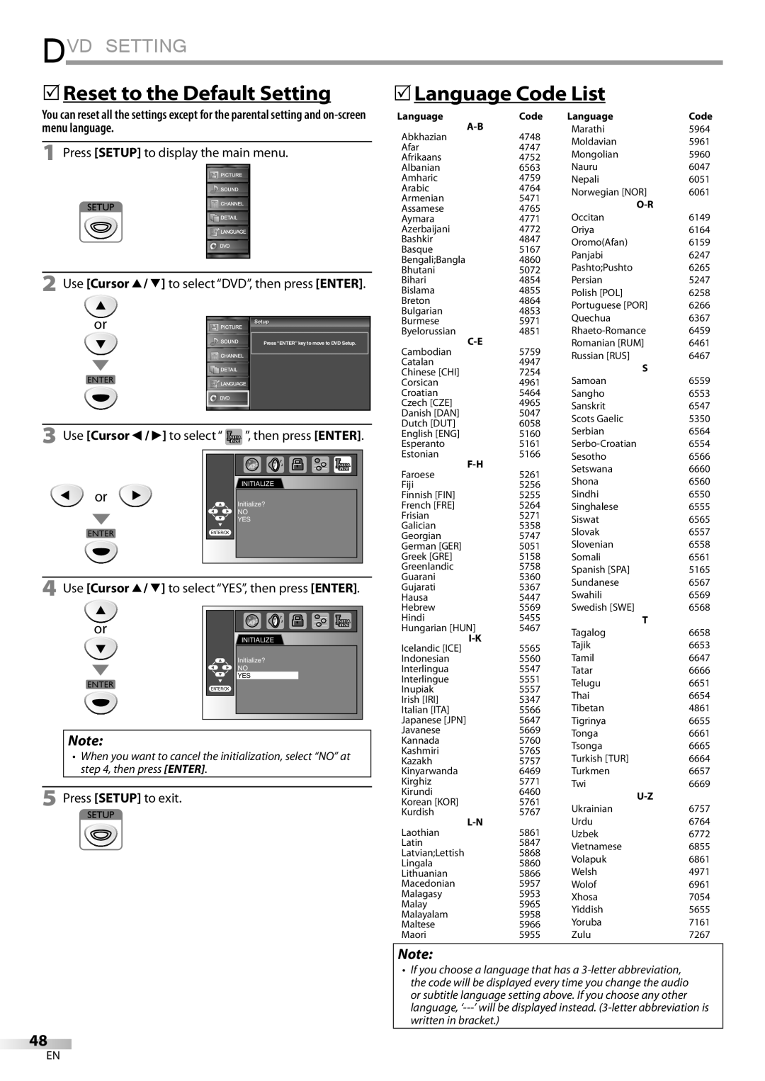 FUNAI LD195EMX 5Reset to the Default Setting 5Language Code List, Use Cursor K/ L to select YES, then press Enter 