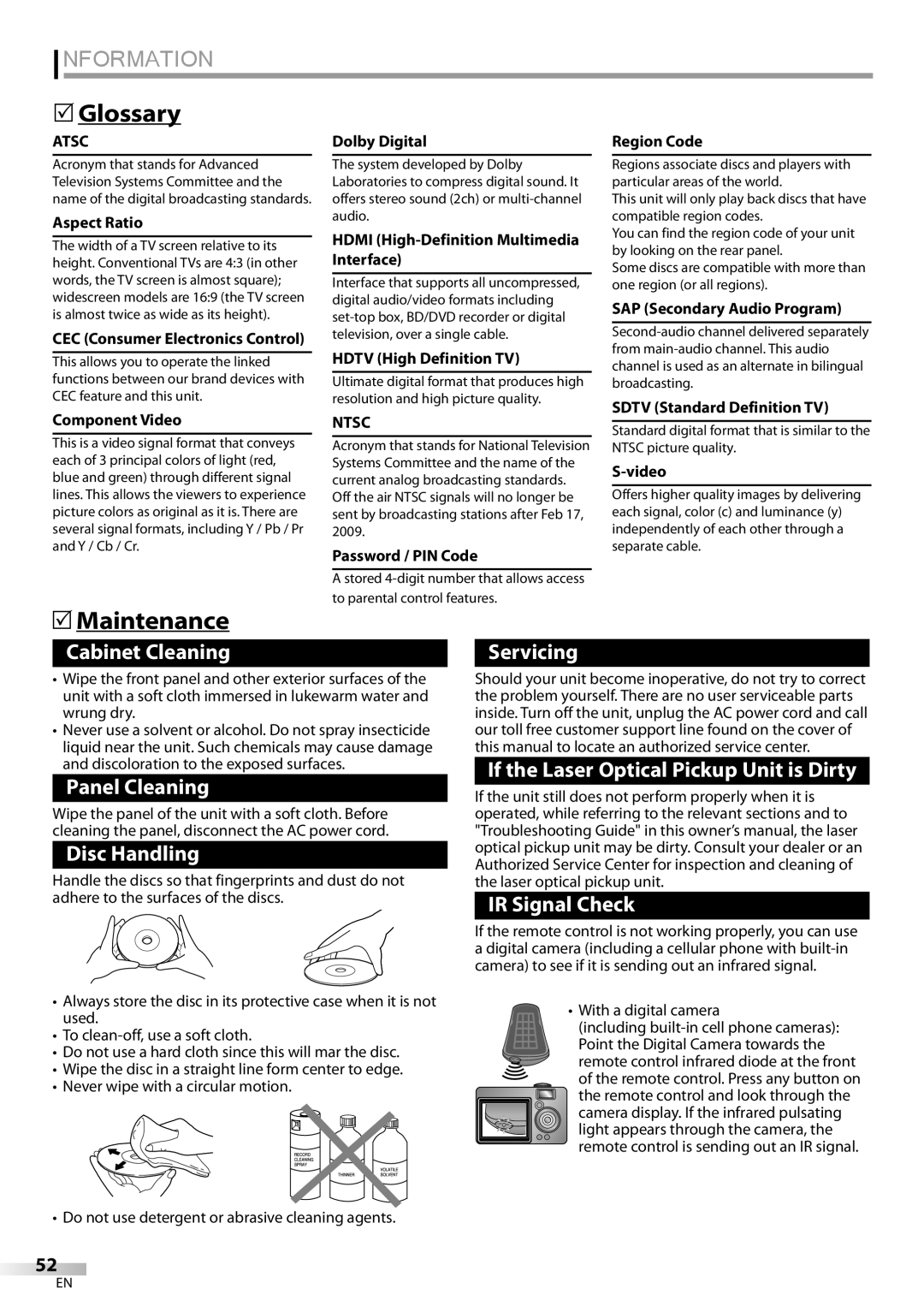 FUNAI LD195EMX owner manual Information, Glossary, Maintenance, Ntsc 