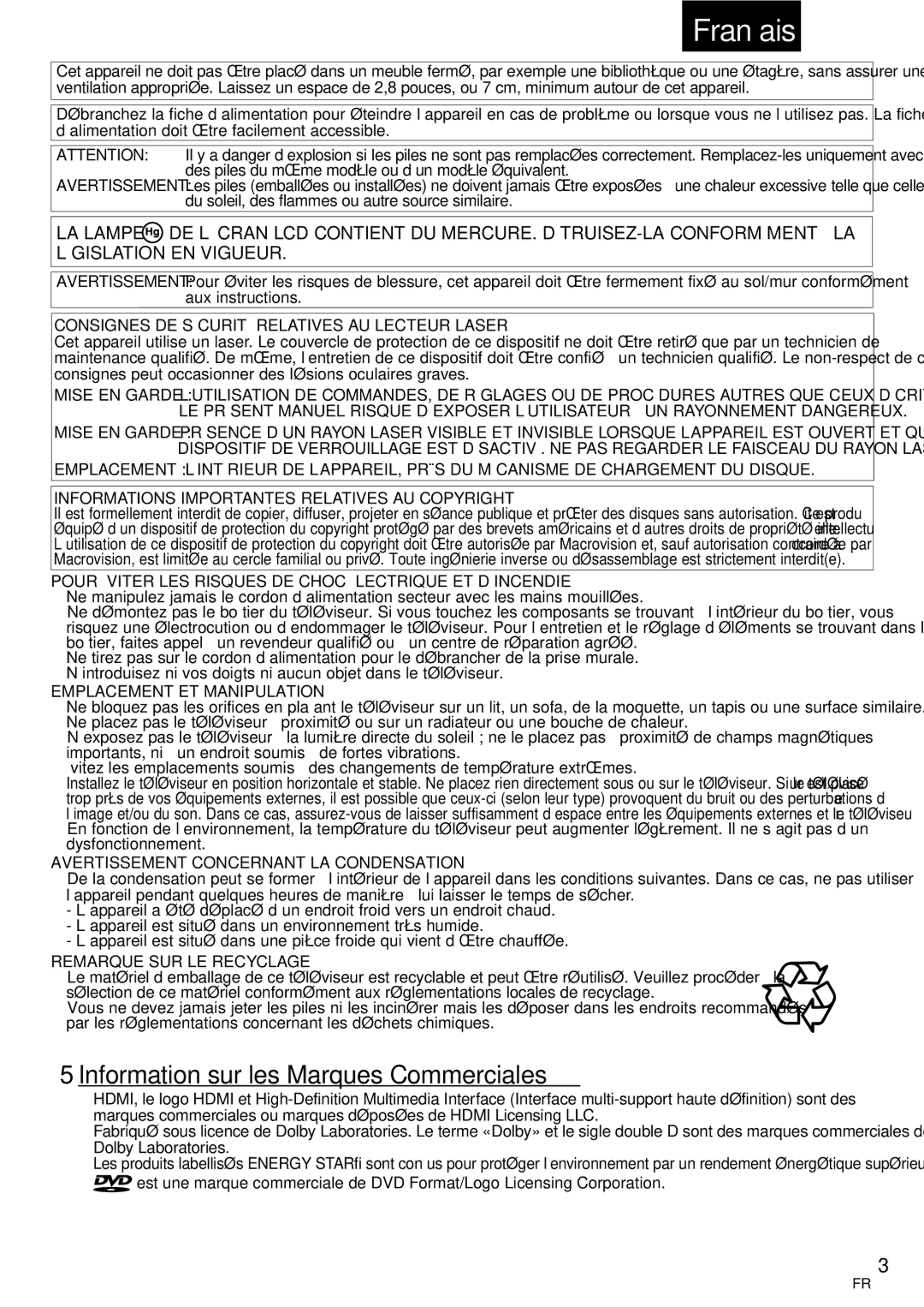 FUNAI LD195EMX owner manual 5Information sur les Marques Commerciales 