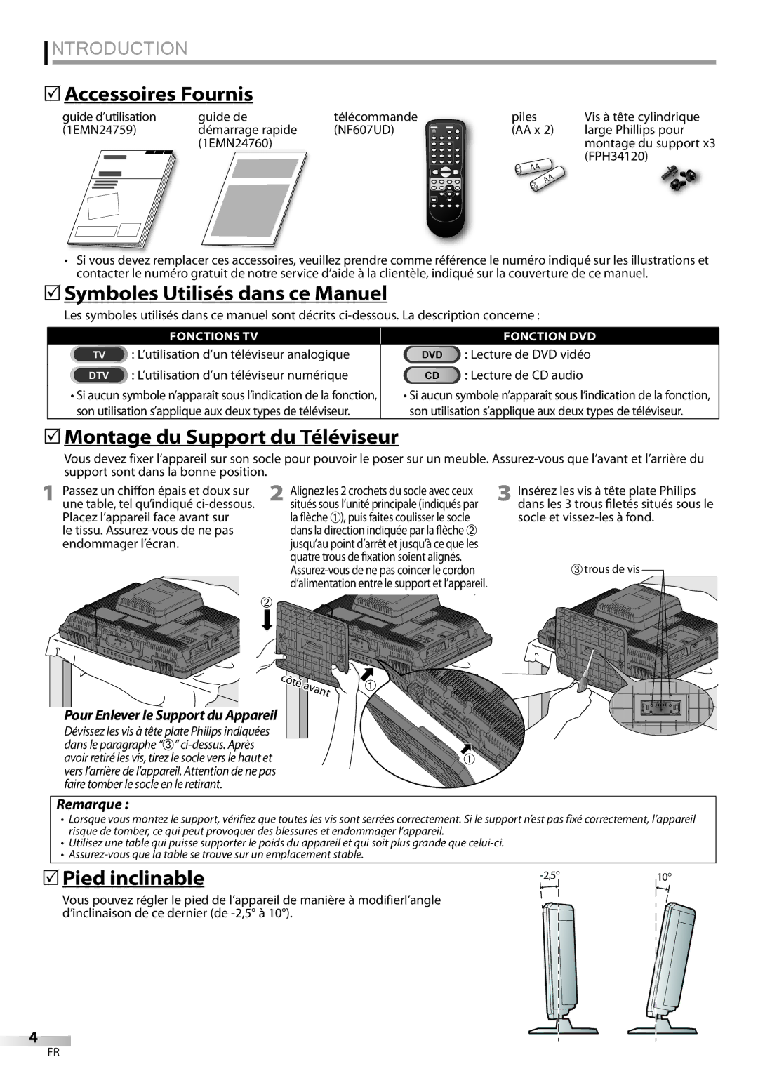 FUNAI LD195EMX owner manual 5Accessoires Fournis, 5Symboles Utilisés dans ce Manuel, 5Montage du Support du Téléviseur 