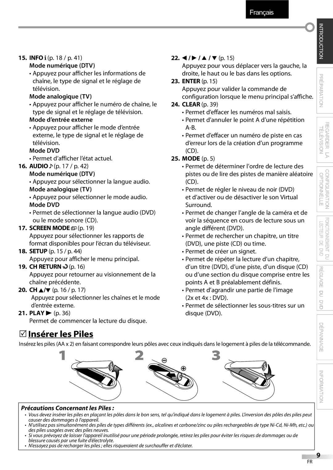 FUNAI LD195EMX owner manual 5Insérer les Piles, Mode numérique DTV, Mode analogique TV, Mode d’entrée externe 