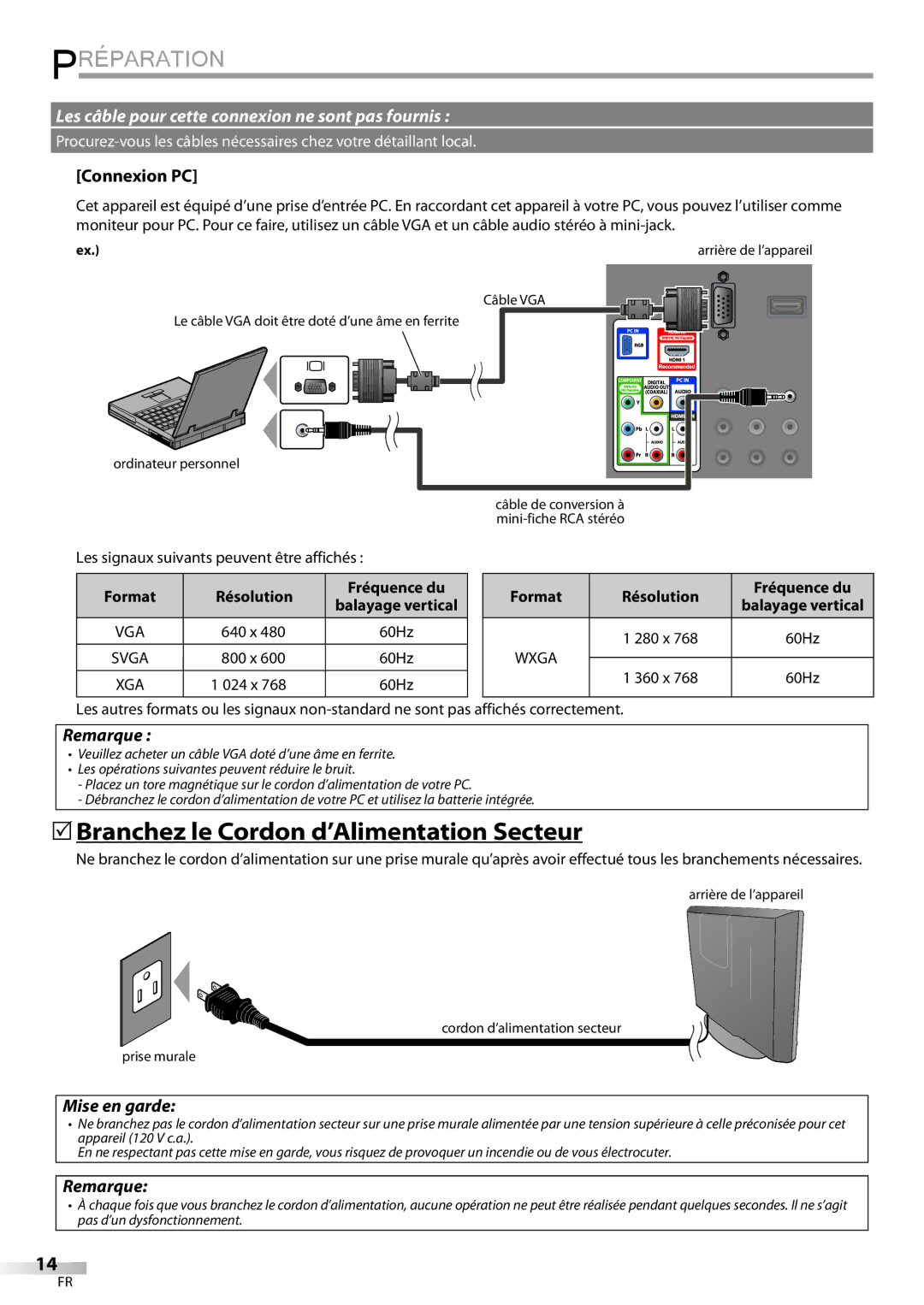 FUNAI LD195EMX owner manual 5Branchez le Cordon d’Alimentation Secteur, Connexion PC, Mise en garde, Format, Résolution 