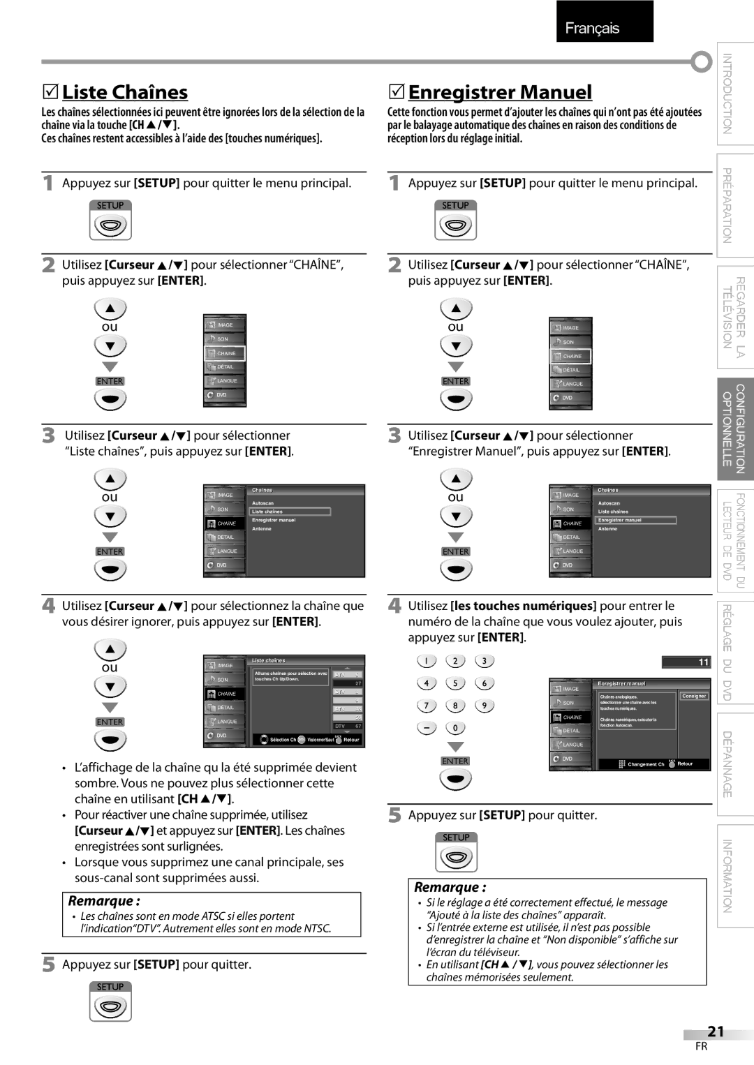 FUNAI LD195EMX owner manual 5Liste Chaînes, 5Enregistrer Manuel, Appuyez sur Setup pour quitter, Manuel l 