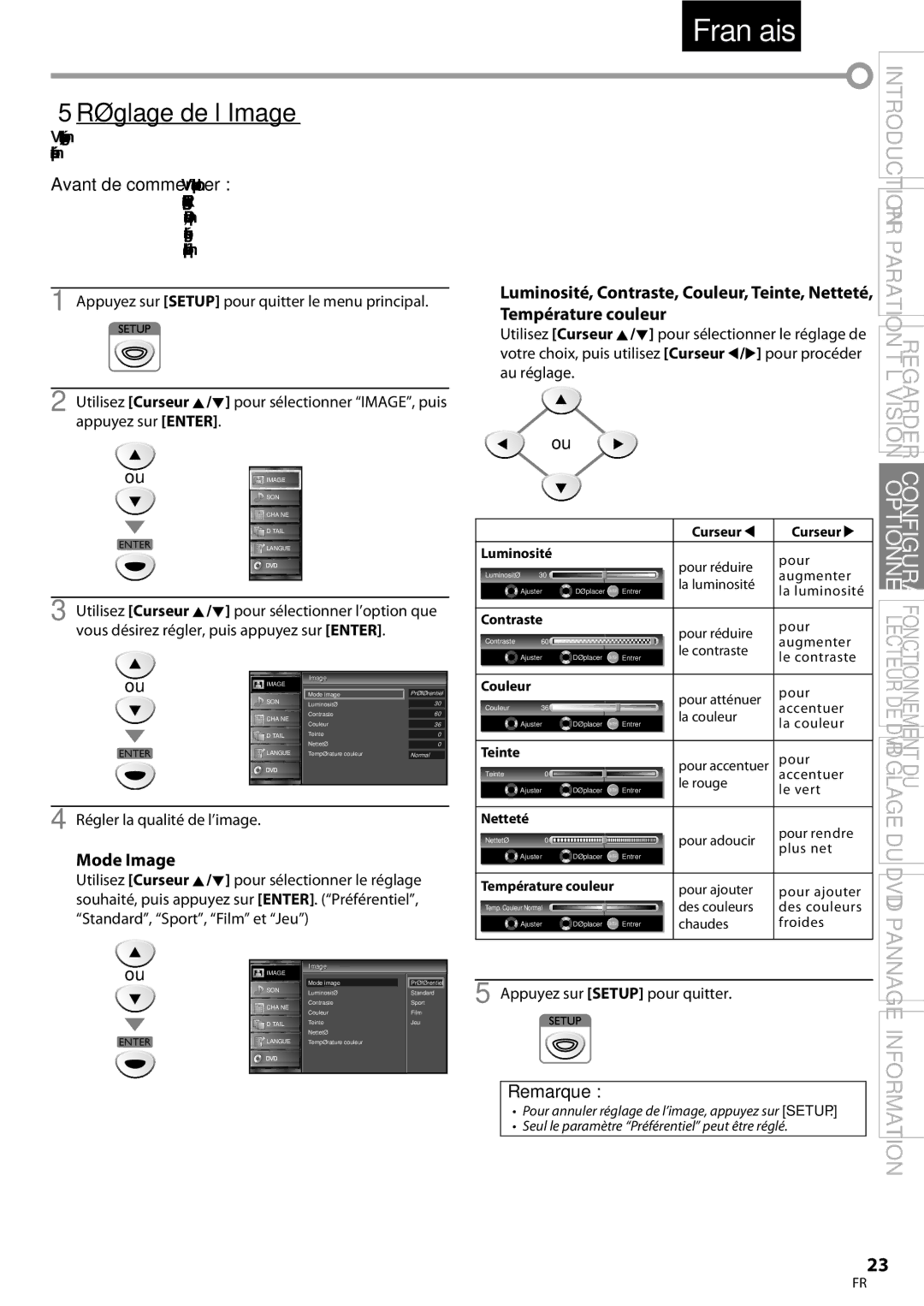 FUNAI LD195EMX 5Réglage de l’Image, Mode Image, Luminosité, Contraste, Couleur, Teinte, Netteté, Température couleur 