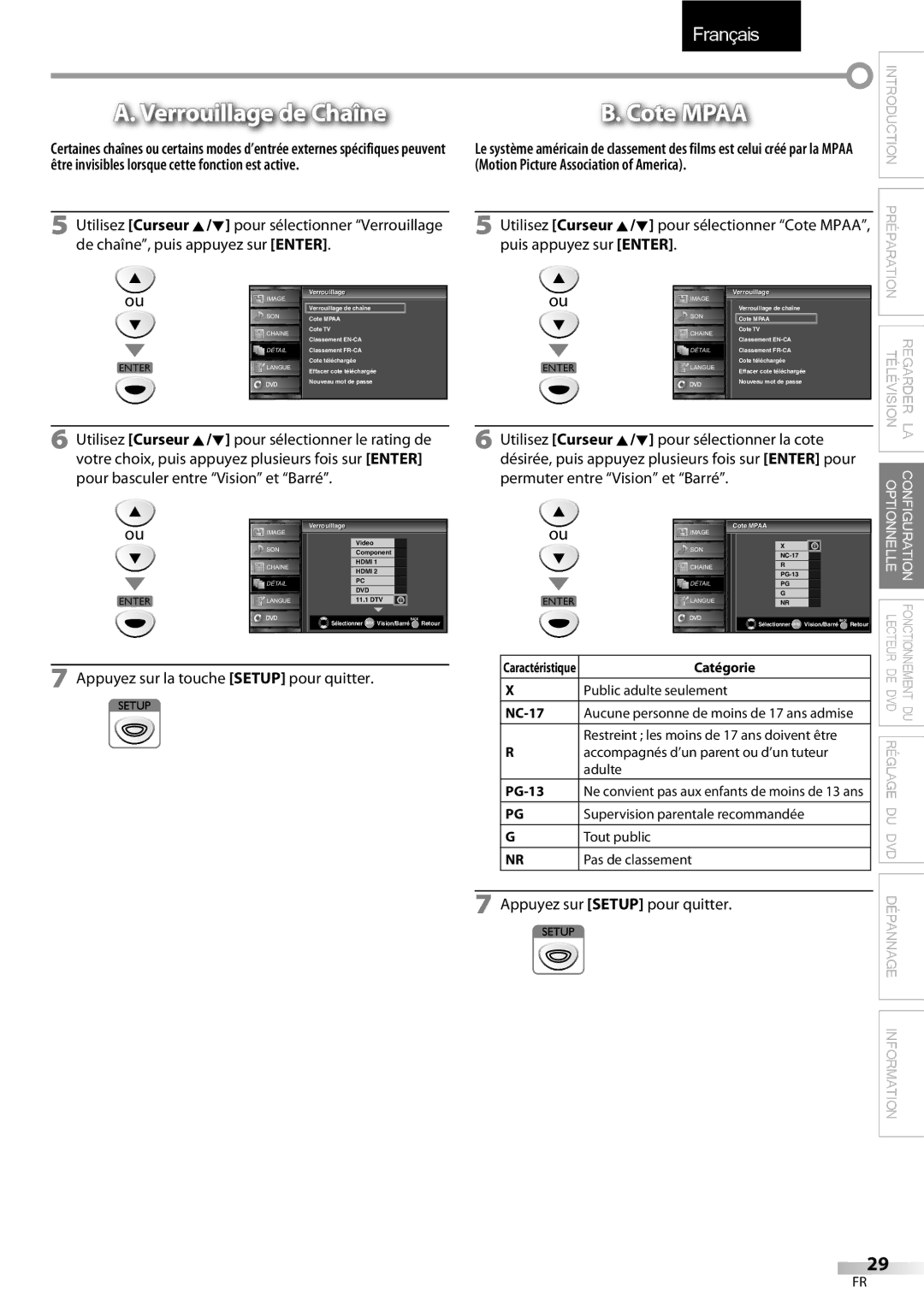 FUNAI LD195EMX owner manual Verrouillage de Chaîne, Sélectionner Enter Vision/Barré Retour, Cote Mpaa, NC-17 