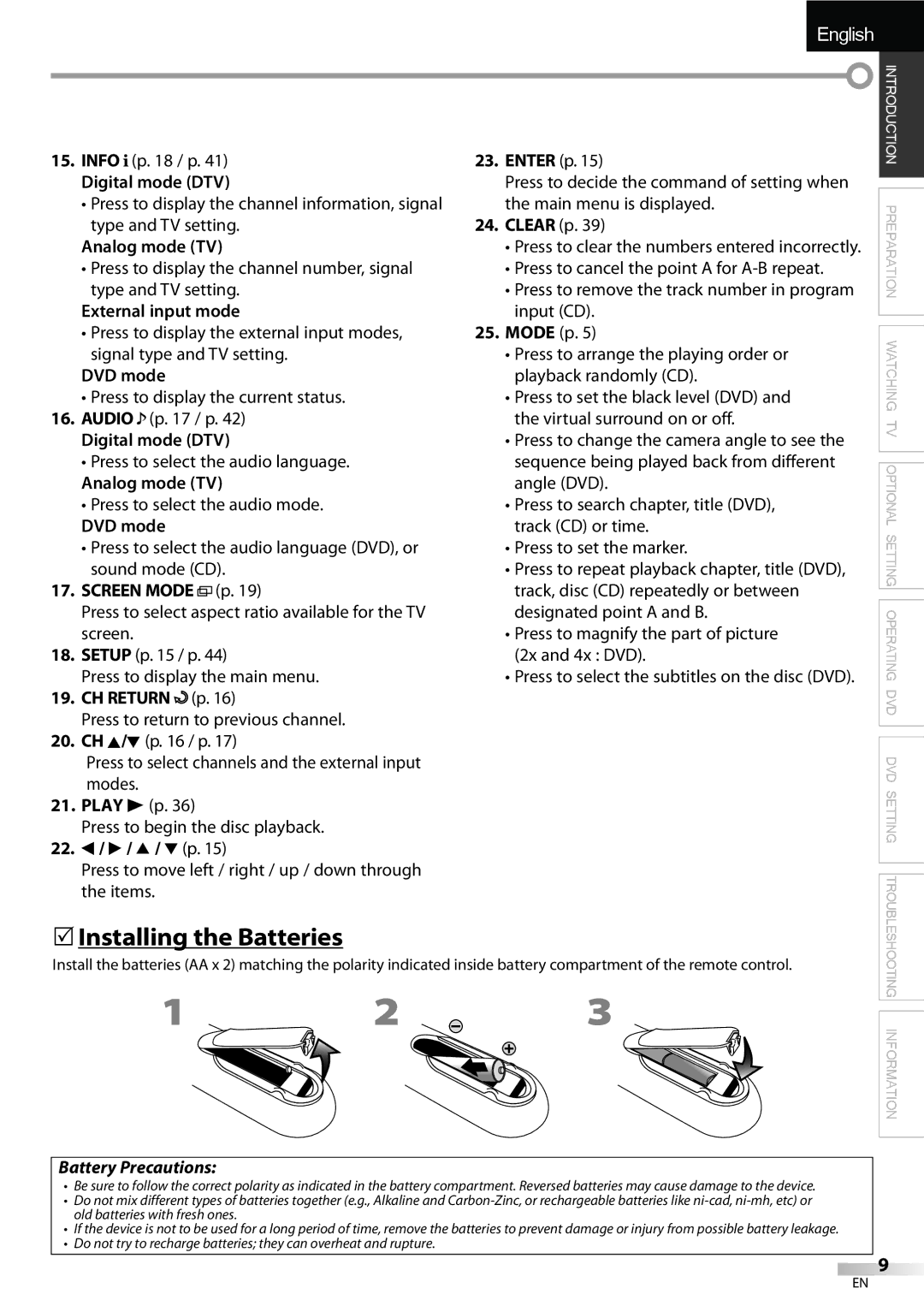 FUNAI LD195EMX owner manual 5Installing the Batteries, Battery Precautions 