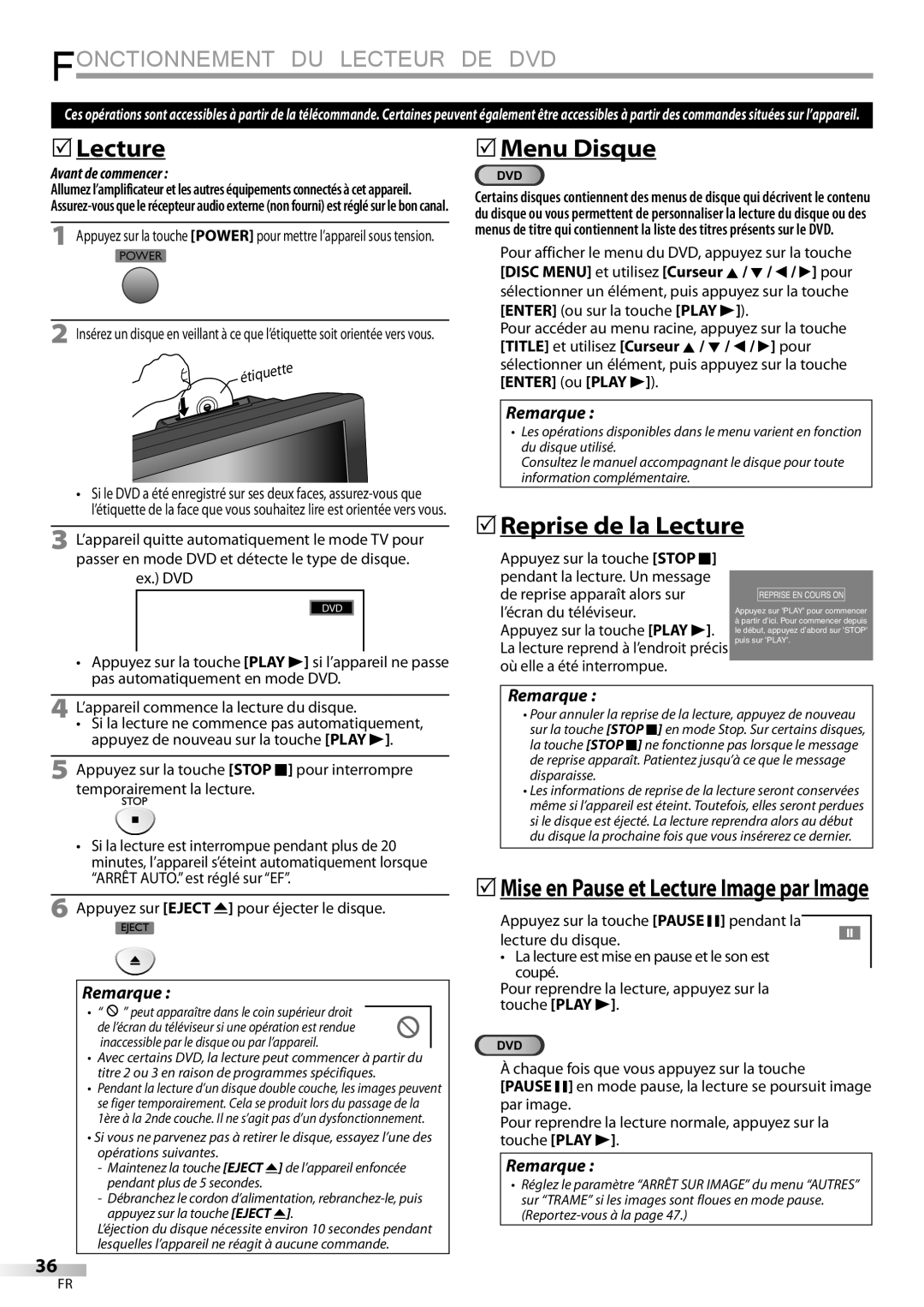 FUNAI LD195EMX owner manual 5Menu Disque, 5Reprise de la Lecture 