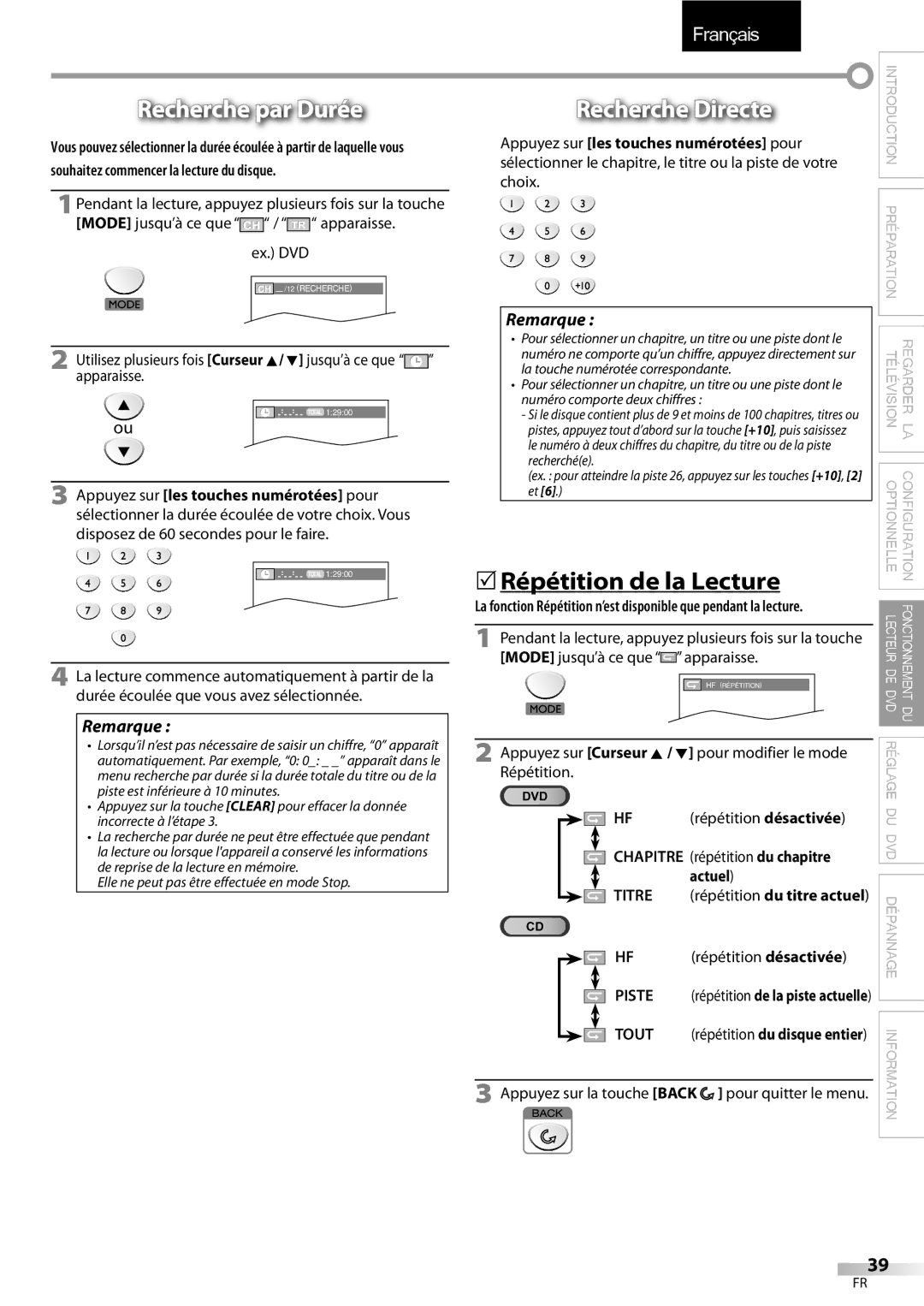 FUNAI LD195EMX owner manual Recherche par Durée, Recherche Directe, 5Répétition de la Lecture, Titre 