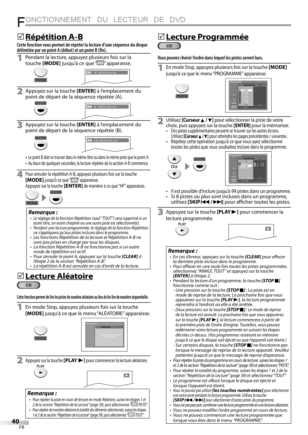 FUNAI LD195EMX owner manual 5Répétition A-B, 5Lecture Programmée, 5Lecture Aléatoire 