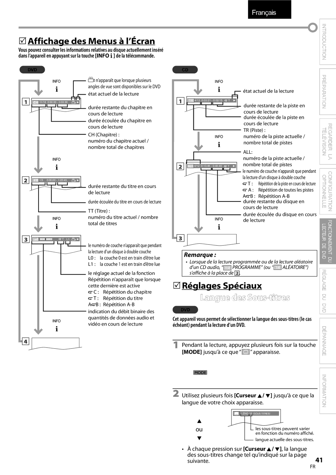 FUNAI LD195EMX 5Affichage des Menus à l’Écran, 5Réglages Spéciaux, Langue des Sous-titres, Mode jusqu’à ce que apparaisse 