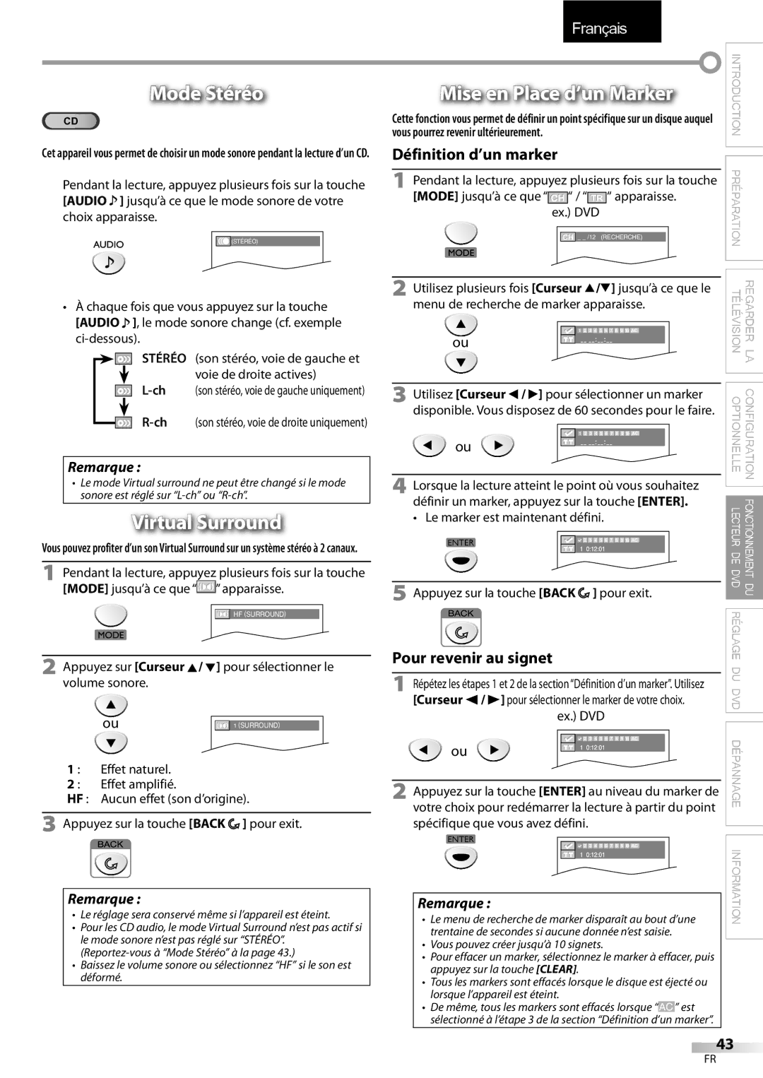 FUNAI LD195EMX Mode Stéréo, Mise en Place d’un Marker, Appuyez sur Curseur K/ L pour sélectionner le volume sonore 