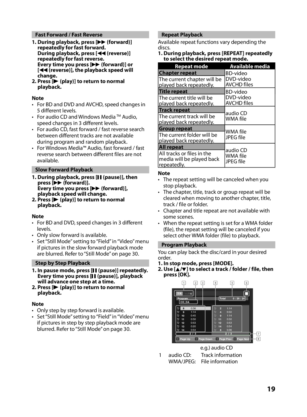 FUNAI MBP5130/F7 owner manual Repeat mode Available media, Audio CD Track information, File information 