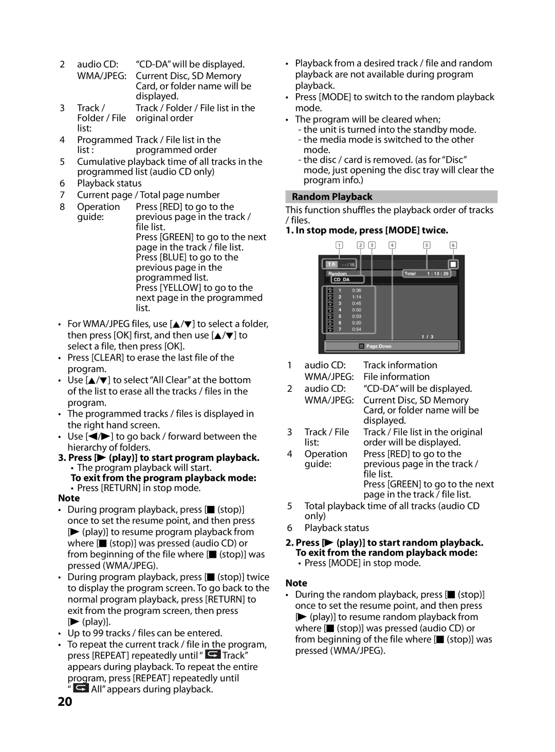 FUNAI MBP5130/F7 Wma/Jpeg, Press Bplay to start program playback, To exit from the program playback mode, Random Playback 