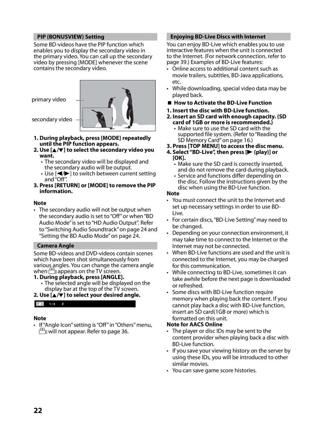 FUNAI MBP5130/F7 owner manual PIP Bonusview Setting, Use K/L to select the secondary video you want, Camera Angle 