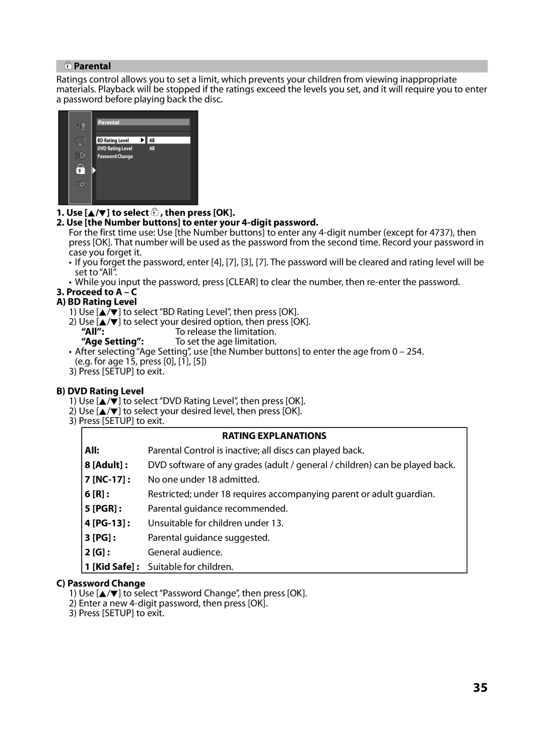 FUNAI MBP5130/F7 owner manual Parental, Proceed to a C BD Rating Level, All, Age Setting, DVD Rating Level, Password Change 