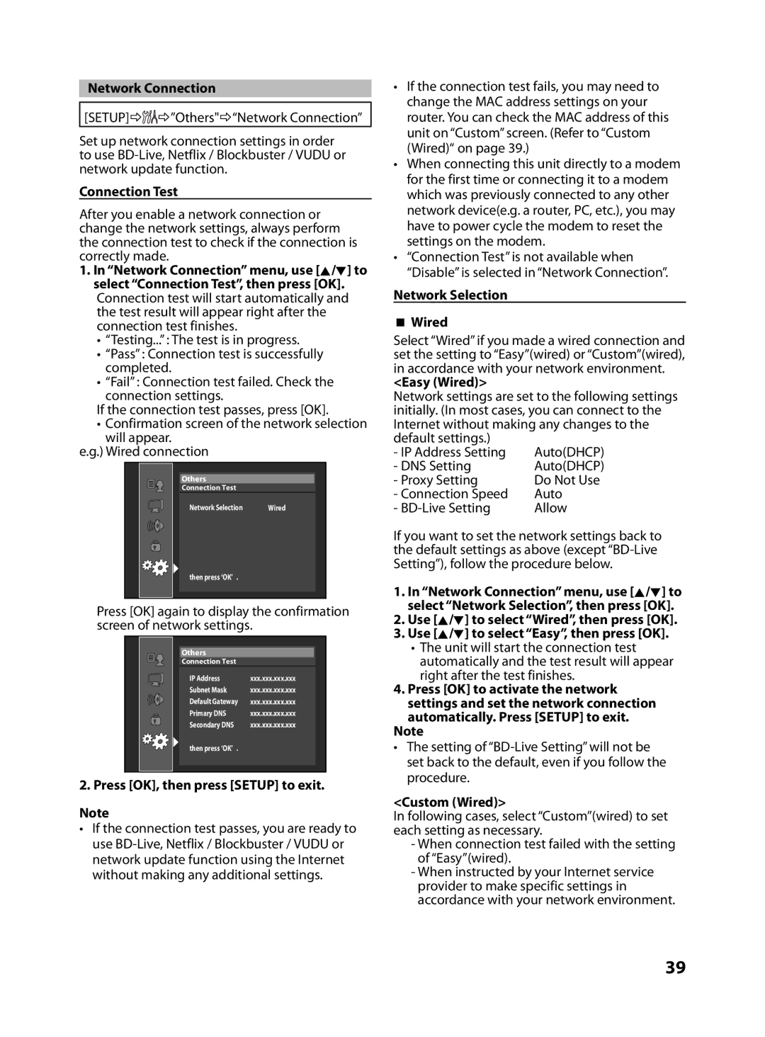 FUNAI MBP5130/F7 Network Connection, Connection Test, Press OK, then press Setup to exit, Network Selection  Wired 