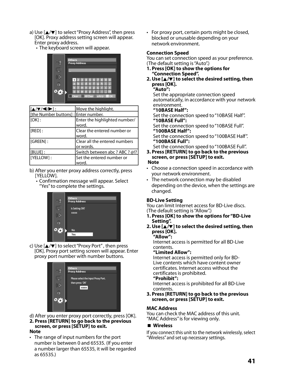 FUNAI MBP5130/F7 Connection Speed, 10BASE Half, 10BASE Full, 100BASE Half, 100BASE Full, BD-Live Setting, Limited Allow 