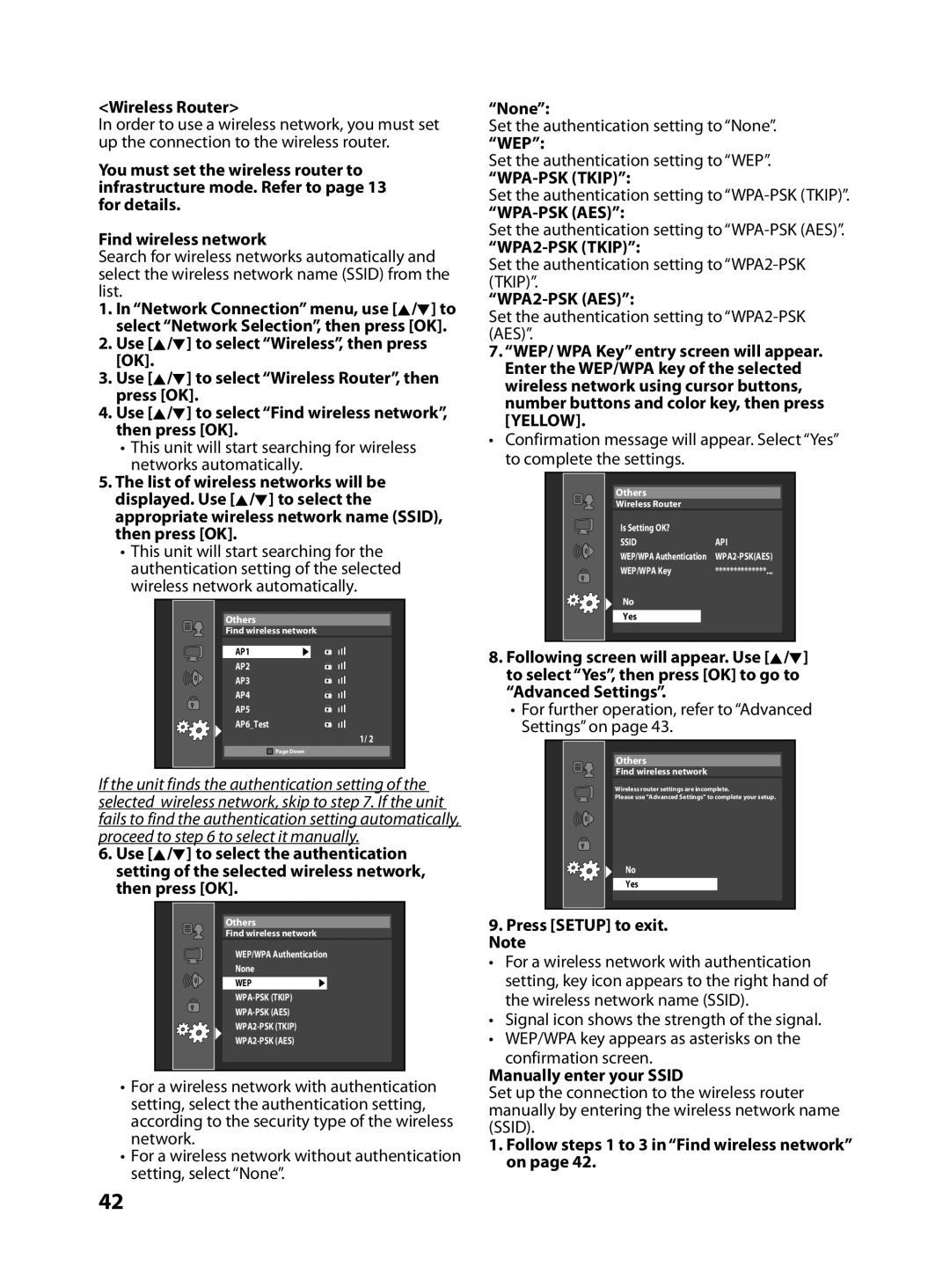 FUNAI MBP5130/F7 owner manual Wireless Router, None, Wep, Press Setup to exit. Note, Manually enter your Ssid 