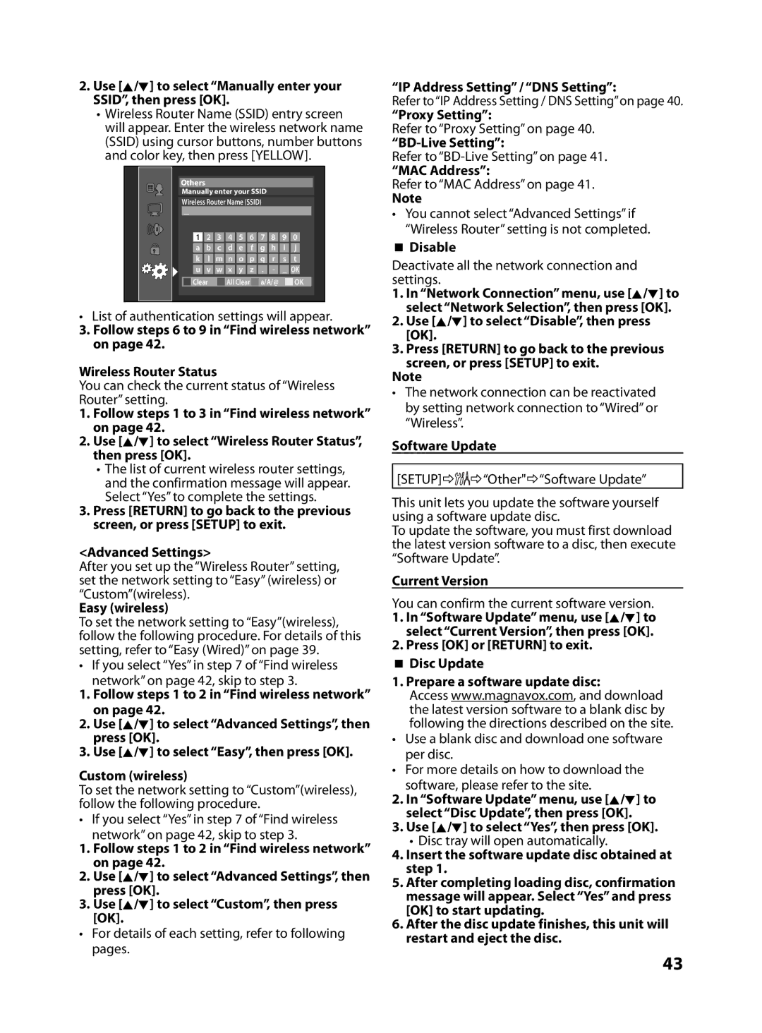 FUNAI MBP5130/F7 Use K/L to select Manually enter your SSID, then press OK, Advanced Settings, Easy wireless,  Disable 