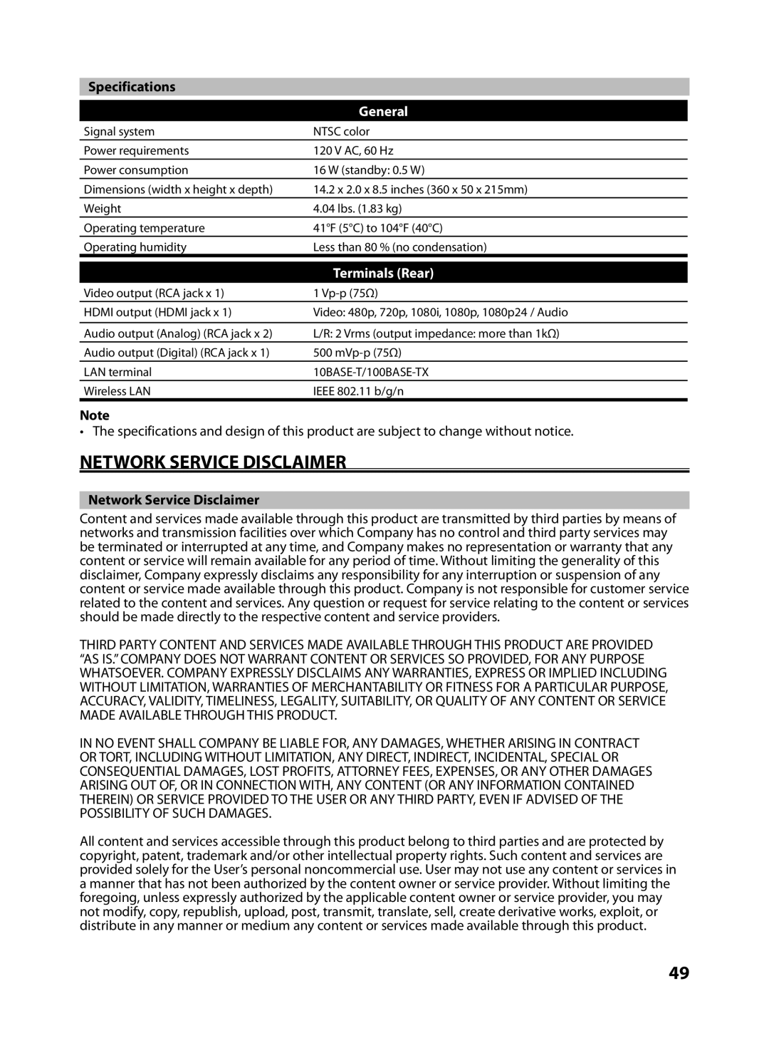 FUNAI MBP5130/F7 owner manual Network Service Disclaimer, Specifications, General, Terminals Rear 