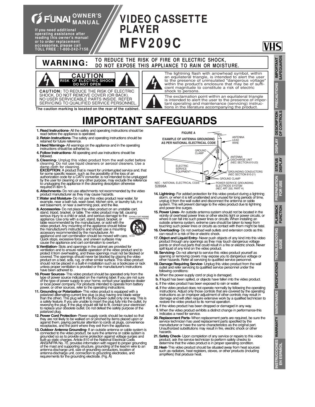 FUNAI MFV209C warranty Safeguards, Description Controls, Status Display, Playback Function, Warranty 