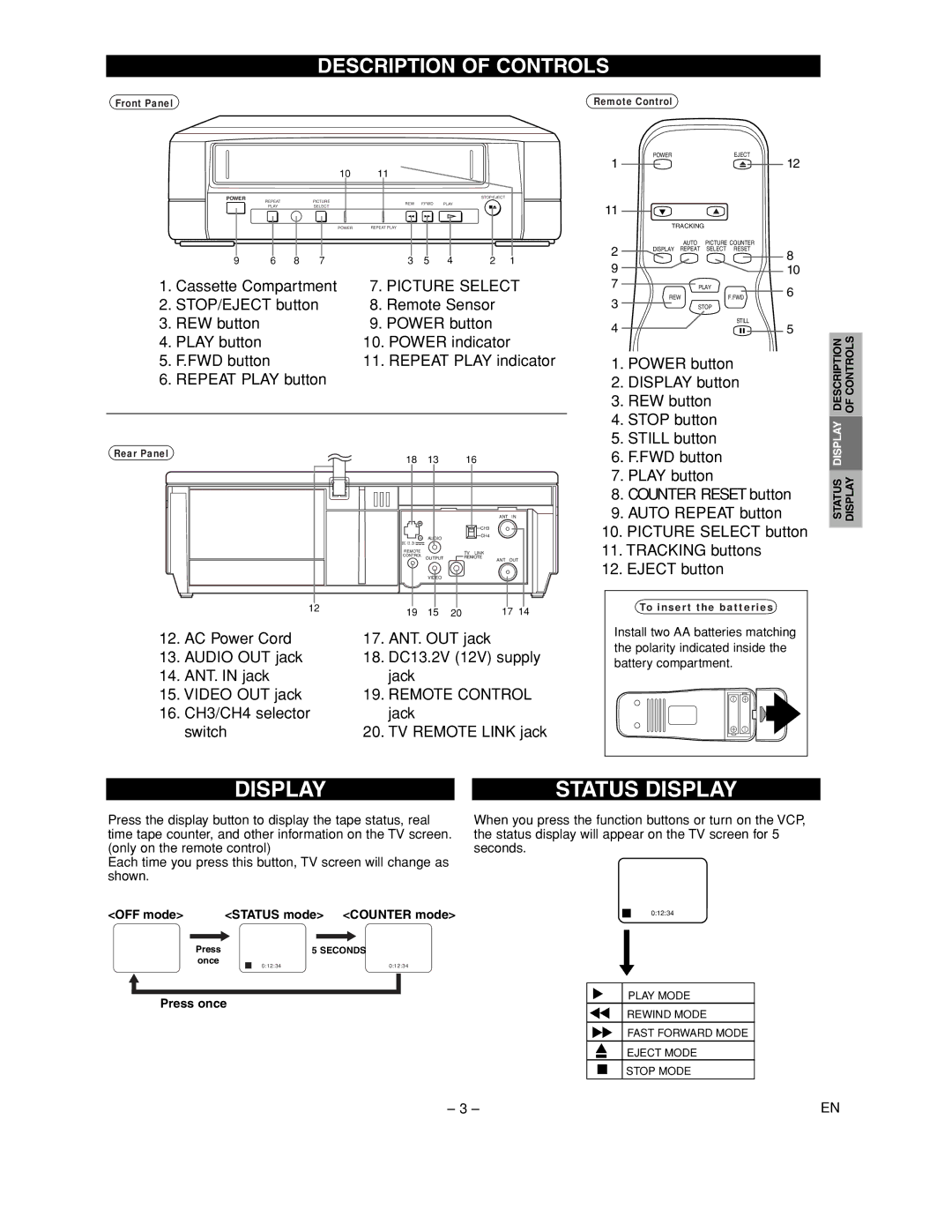 FUNAI MFV209C warranty Display Status Display, Description of Controls 