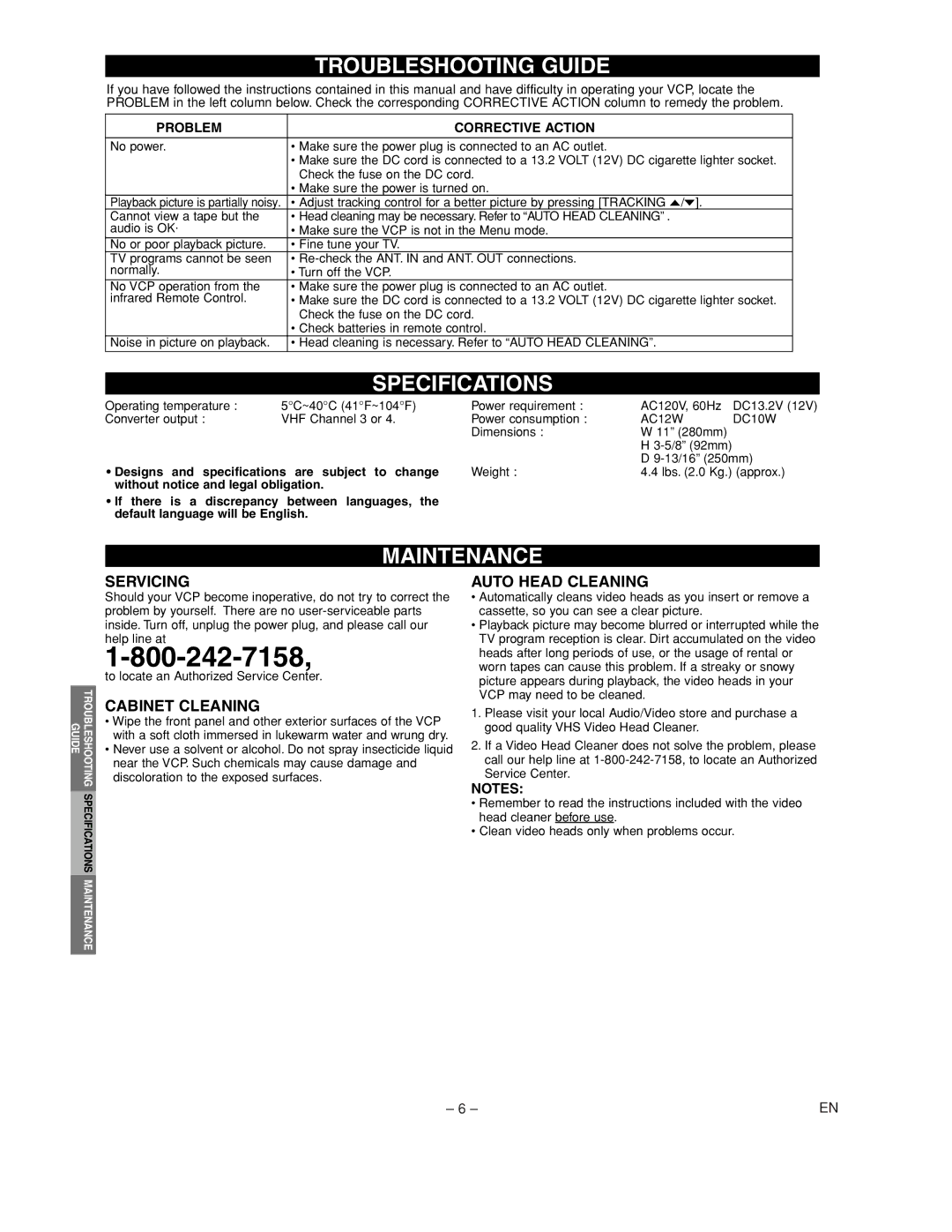 FUNAI MFV209C warranty Troubleshooting Guide, Specifications, Maintenance 