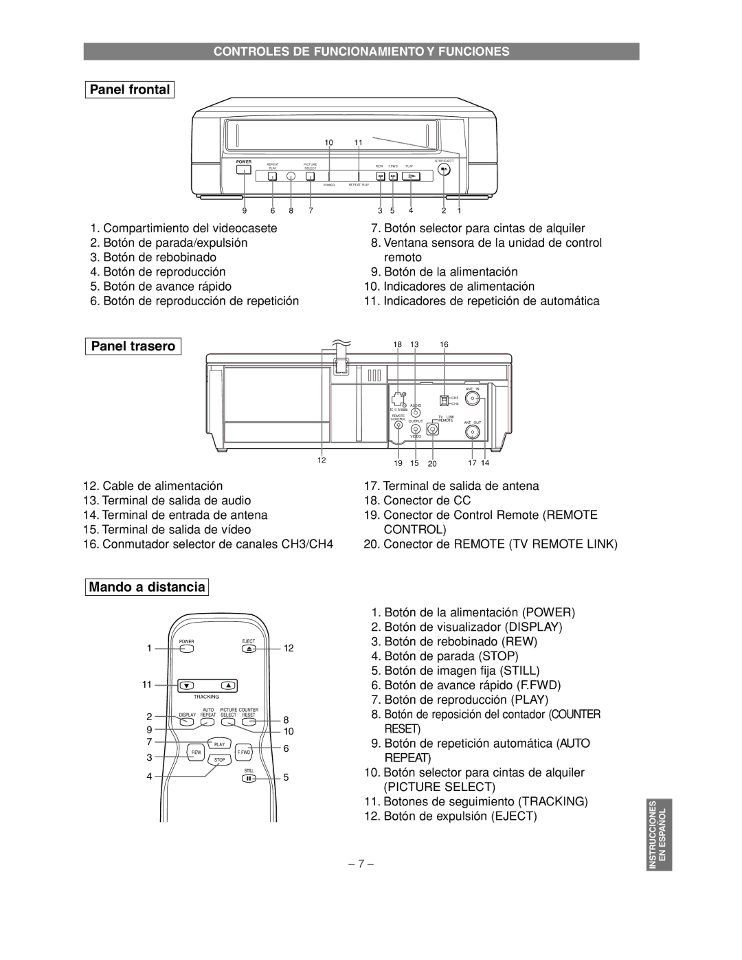 FUNAI MFV209C warranty Panel frontal 